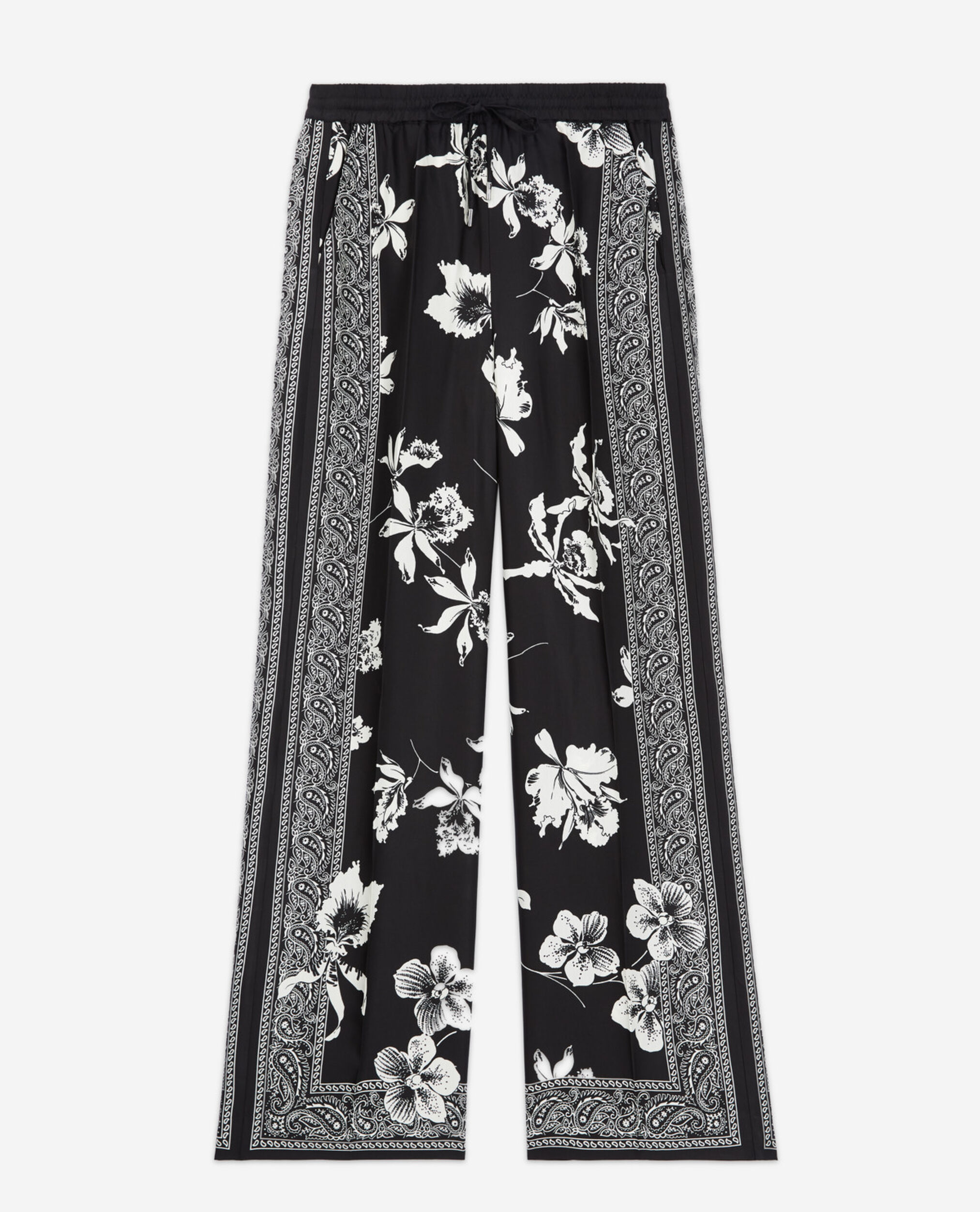 Flowing black - white pants with scarf motif, BLACK WHITE, hi-res image number null