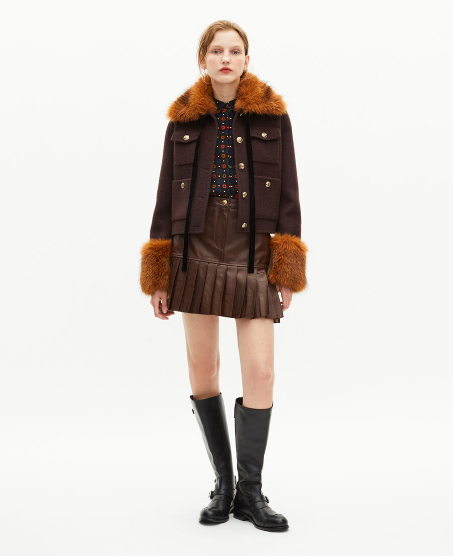 The Kooples WOMEN CHOCOLATE brown short wool jacket with sherpa collar