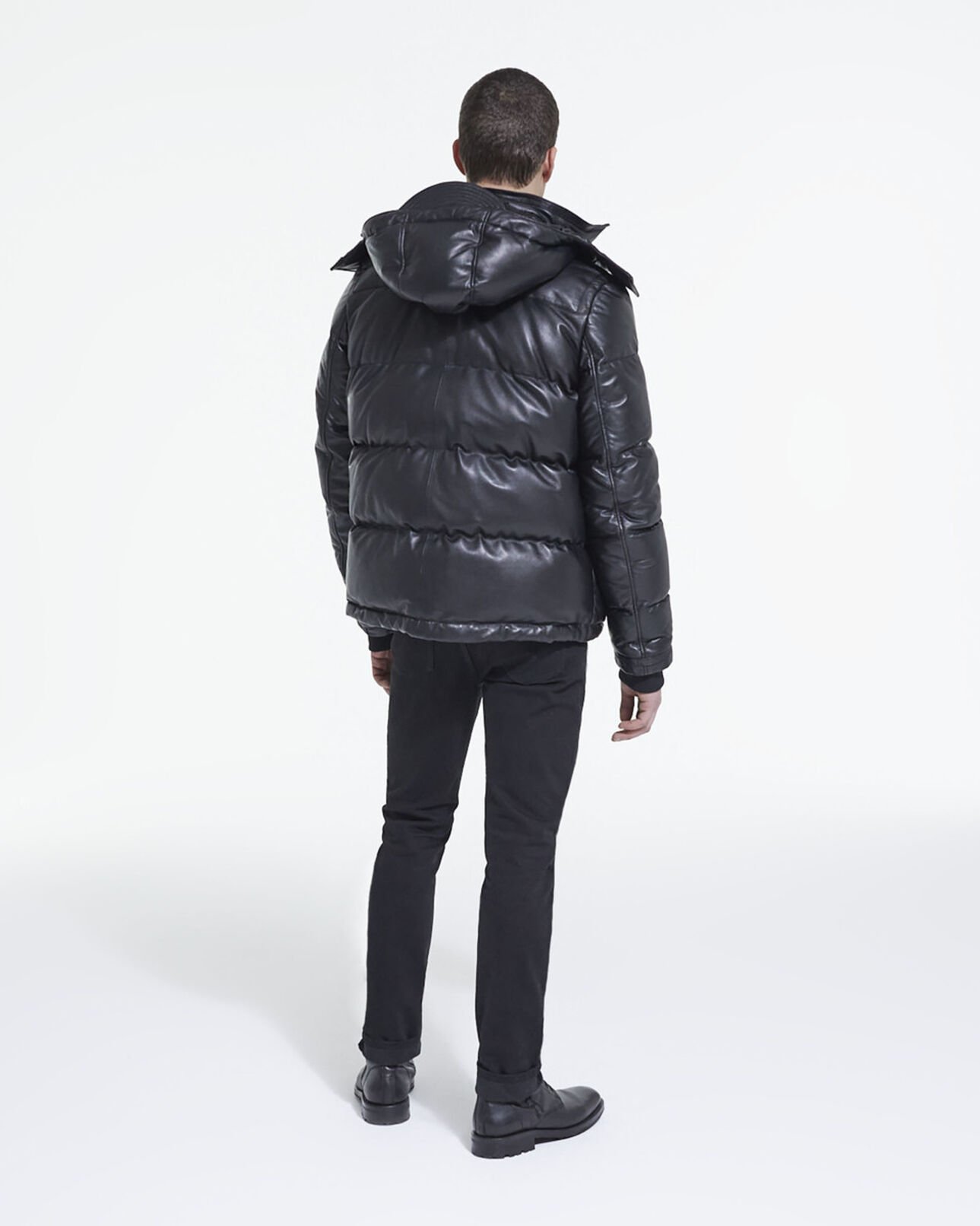 The Kooples HOMME BLACK doudoune courte en cuir noir bretelles