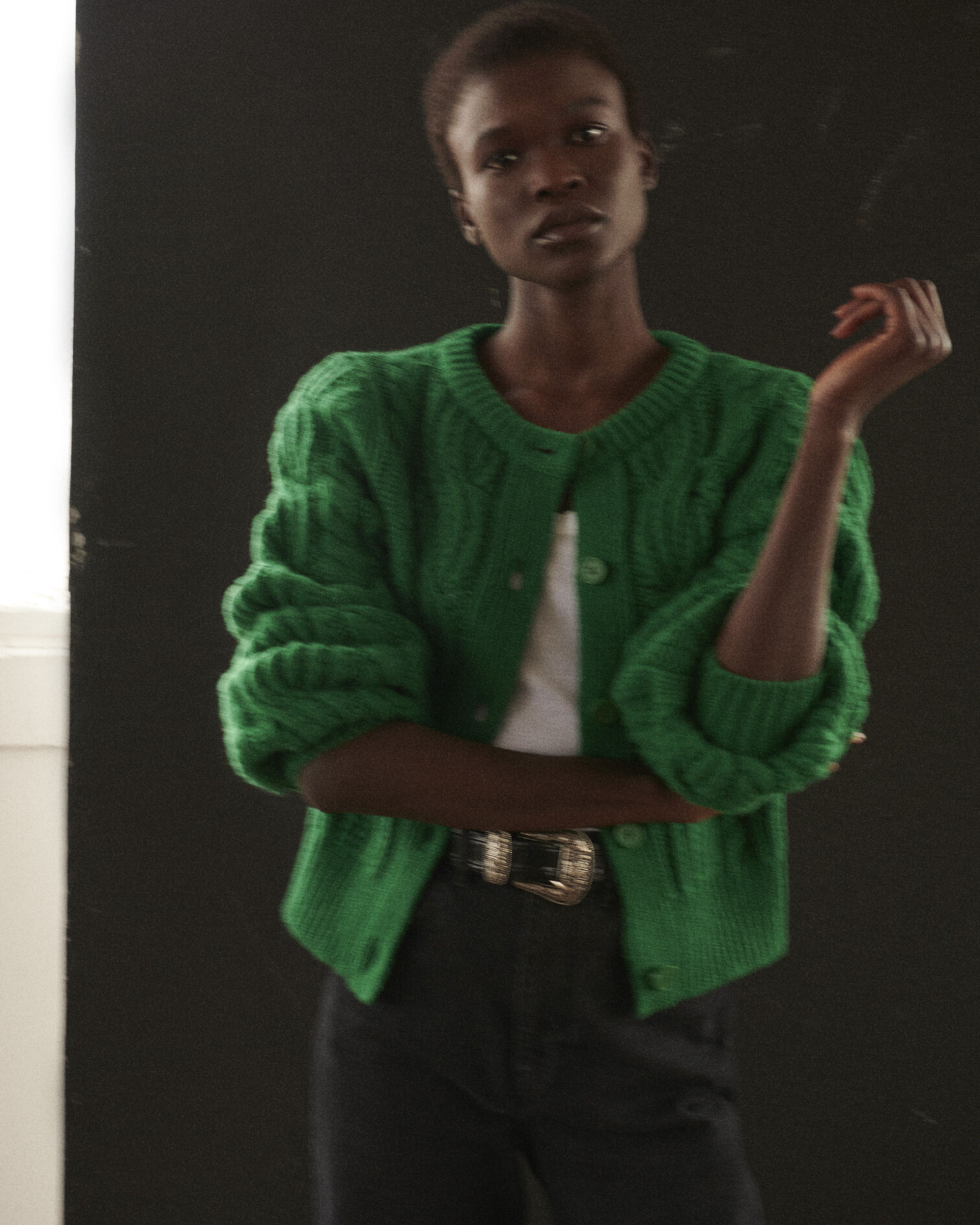 Cable knit green wool cardigan, GREEN, hi-res image number null