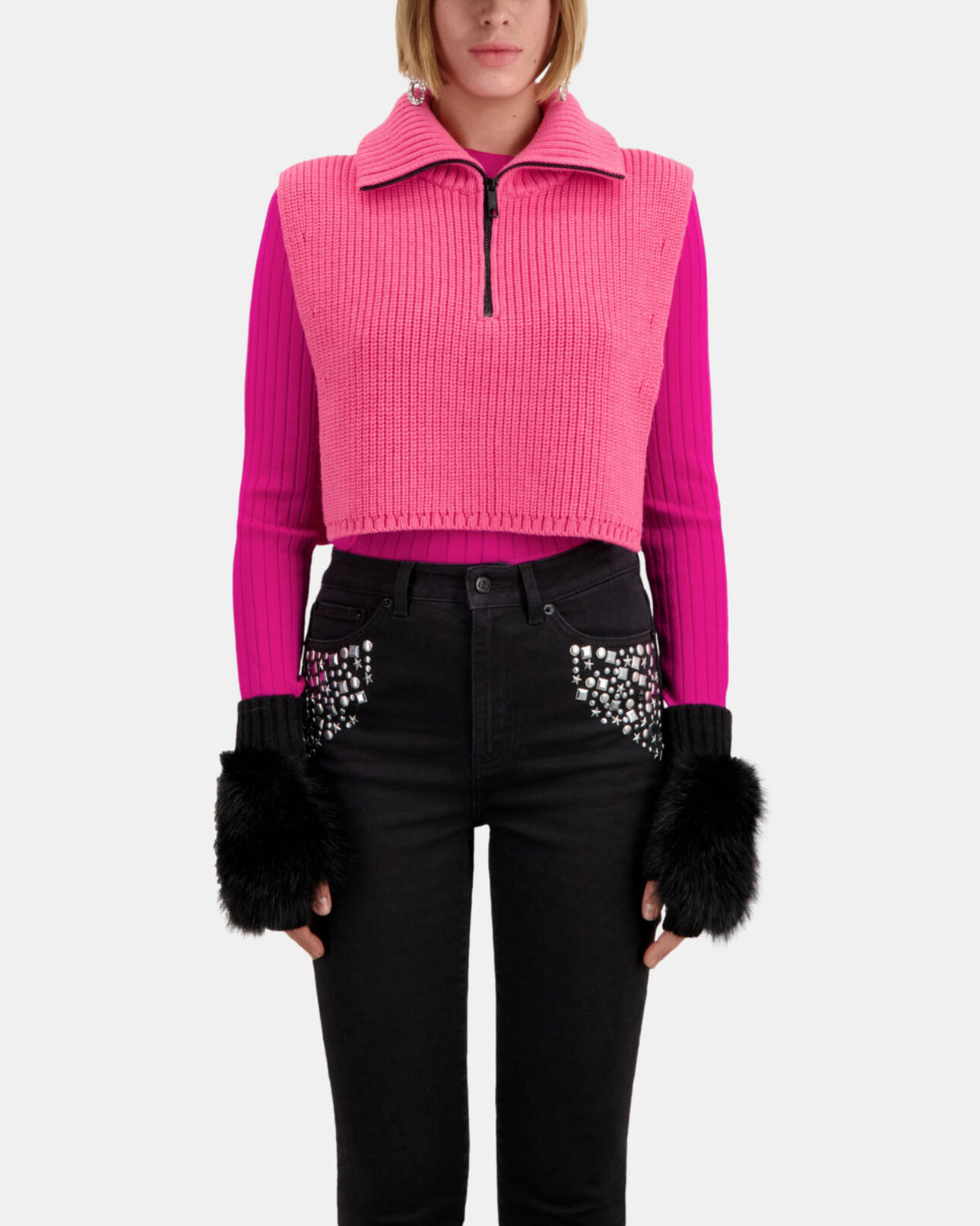 The Kooples FEMME OLD PINK col écharpe rose en laine côtelée
