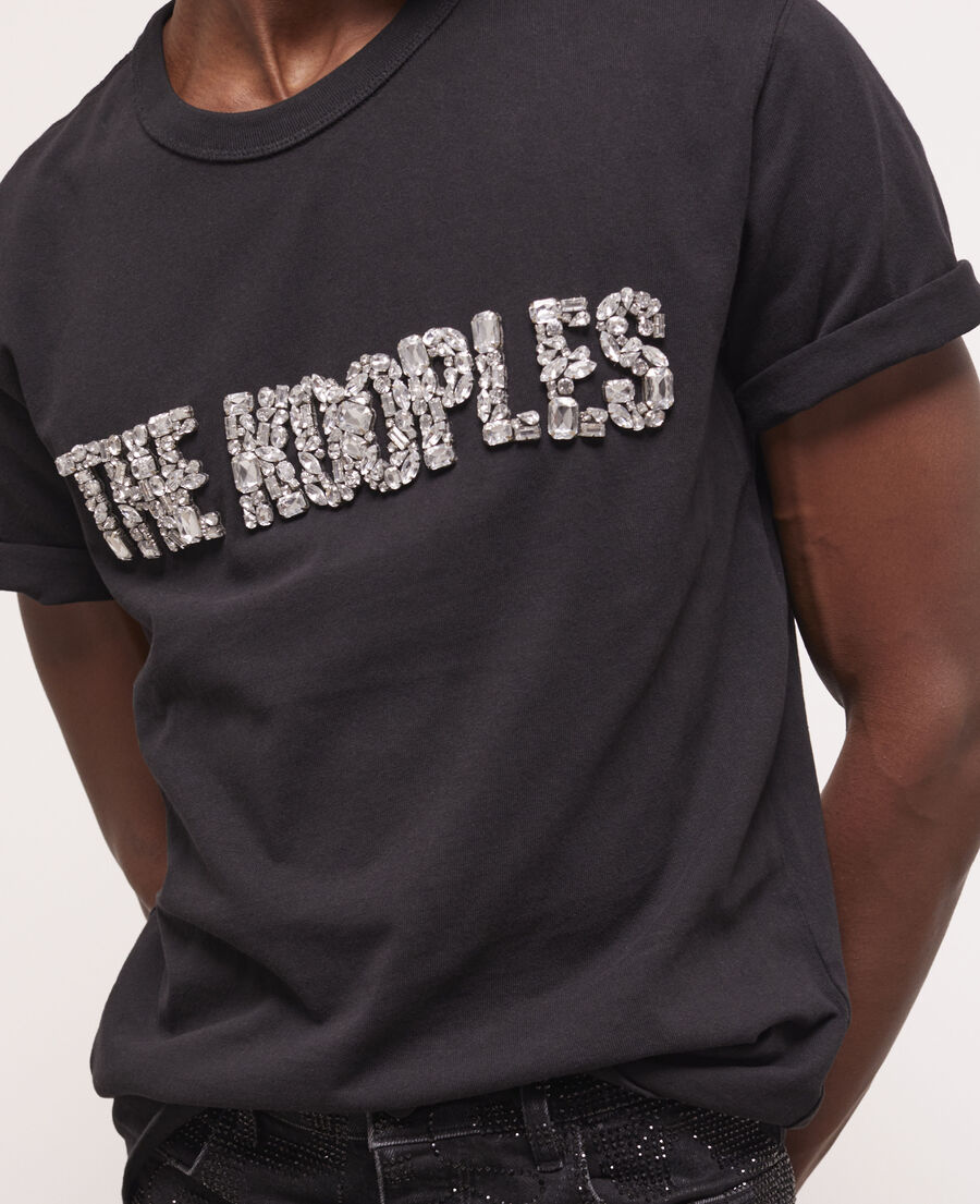 schwarzes t-shirt mit logo und strassbesatz