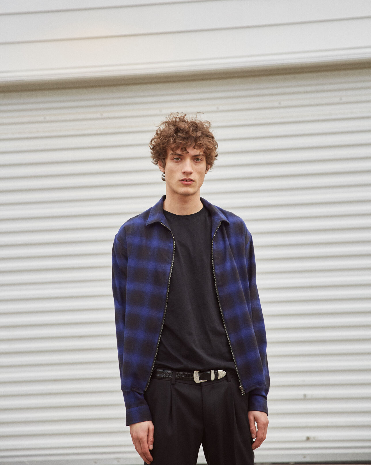 The Kooples MEN BLUE BLACK zipped shirt with black and blue check motif