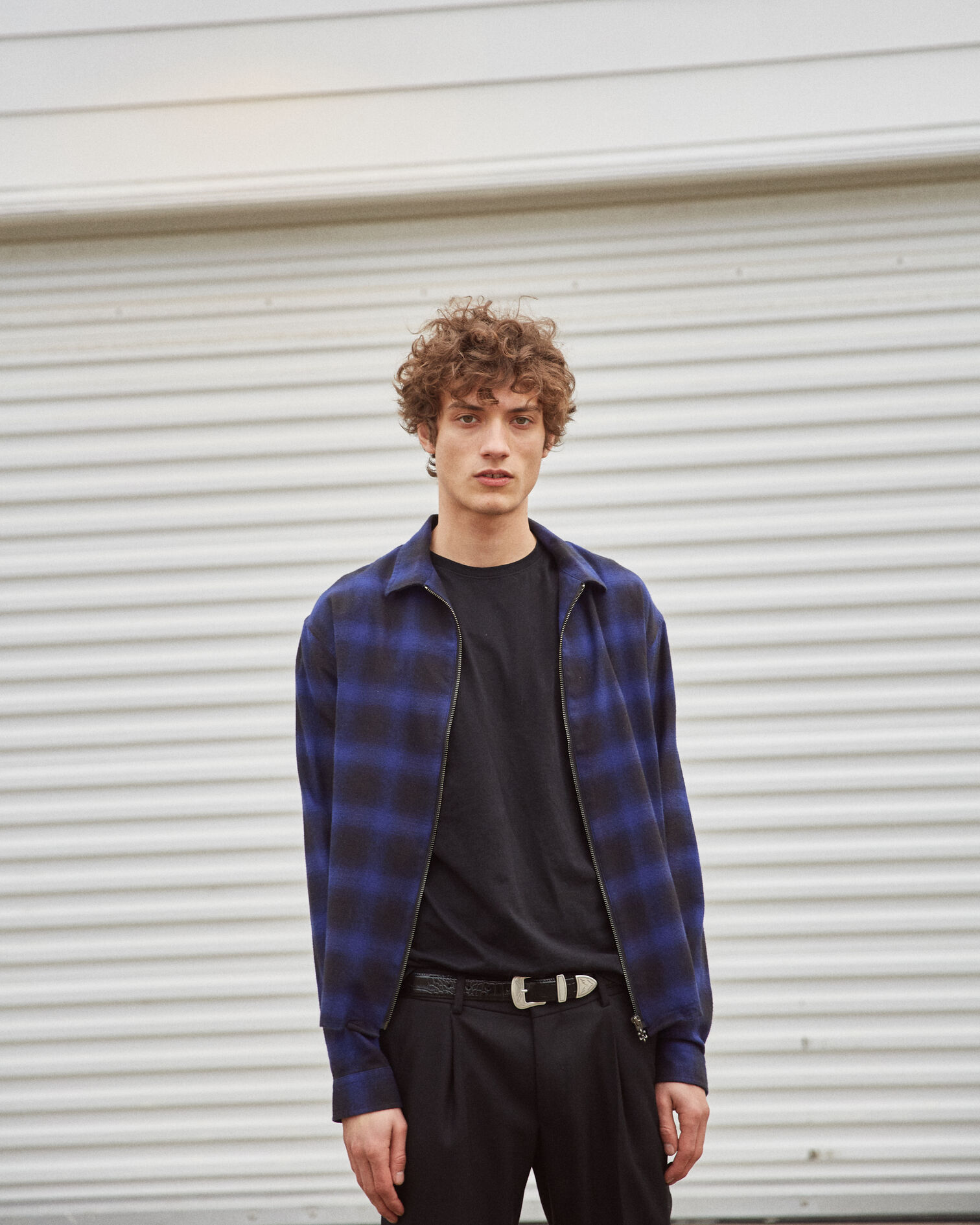 Zipped shirt with black and blue check motif, BLUE BLACK, hi-res image number null
