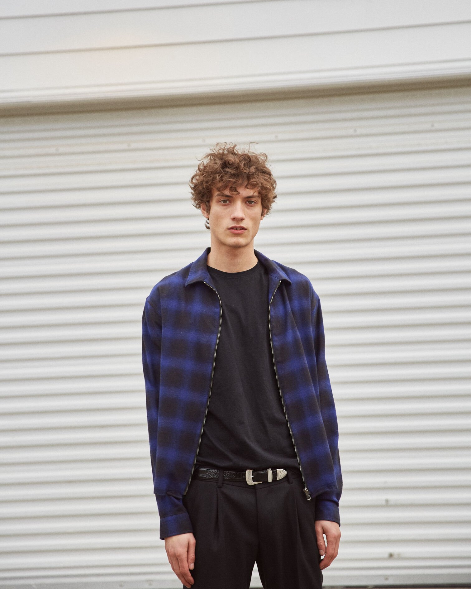Zipped shirt with black and blue check motif, BLUE BLACK, hi-res image number null