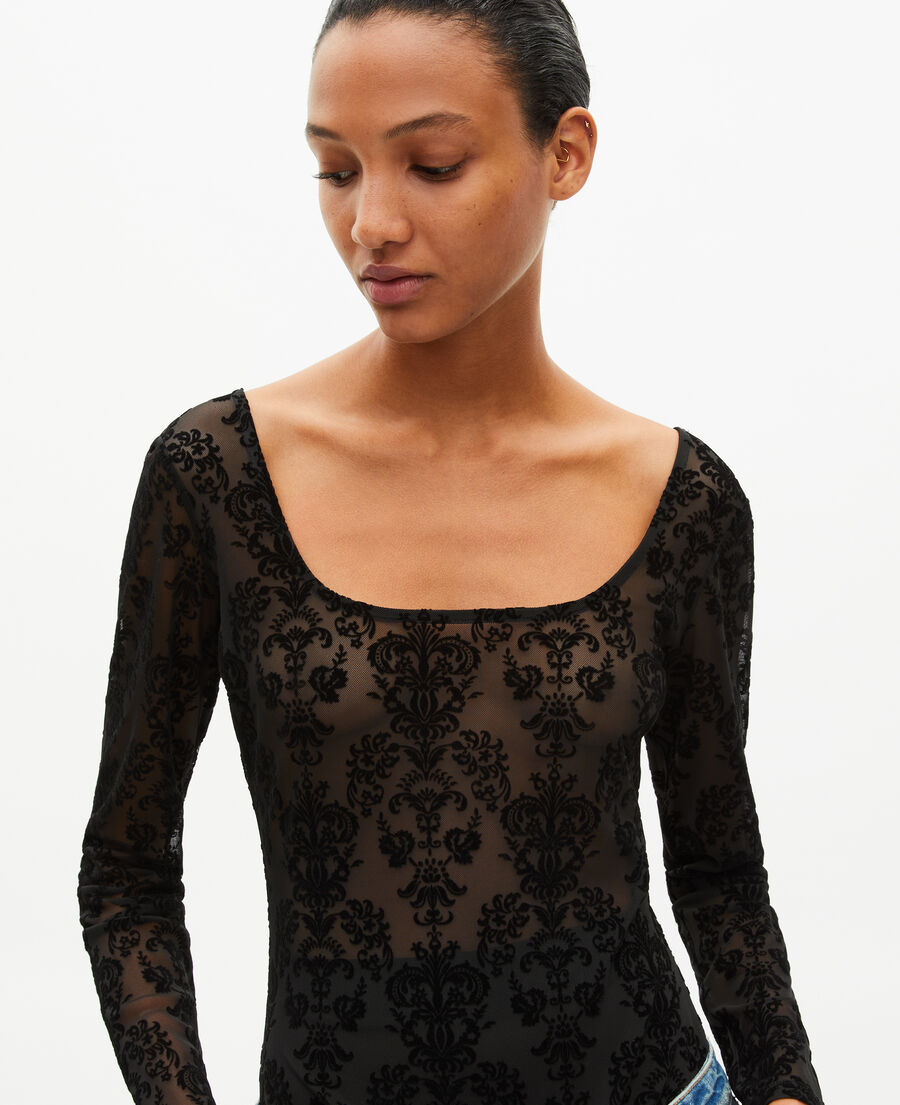 The Kooples F BLACK mesh bodysuit with black flocking