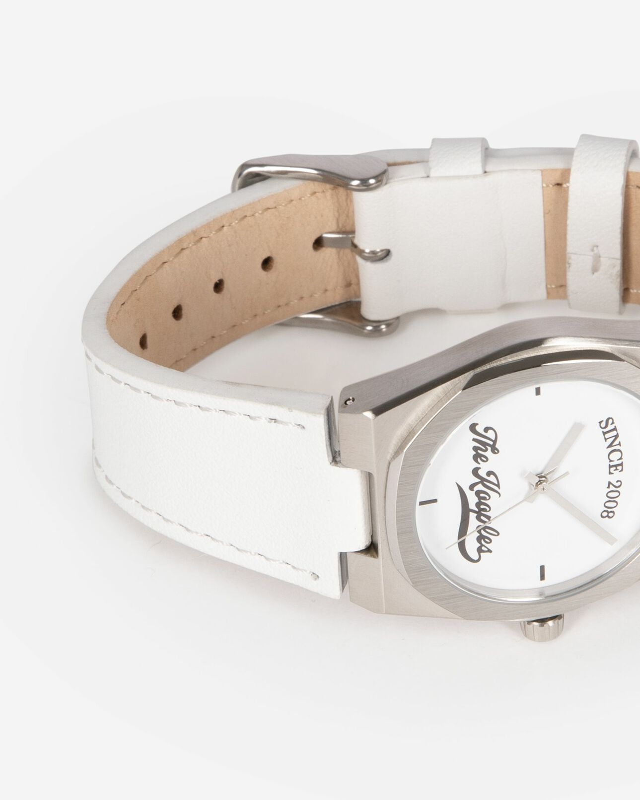 The Kooples MIXED SILVER watch with logo and white leather strap