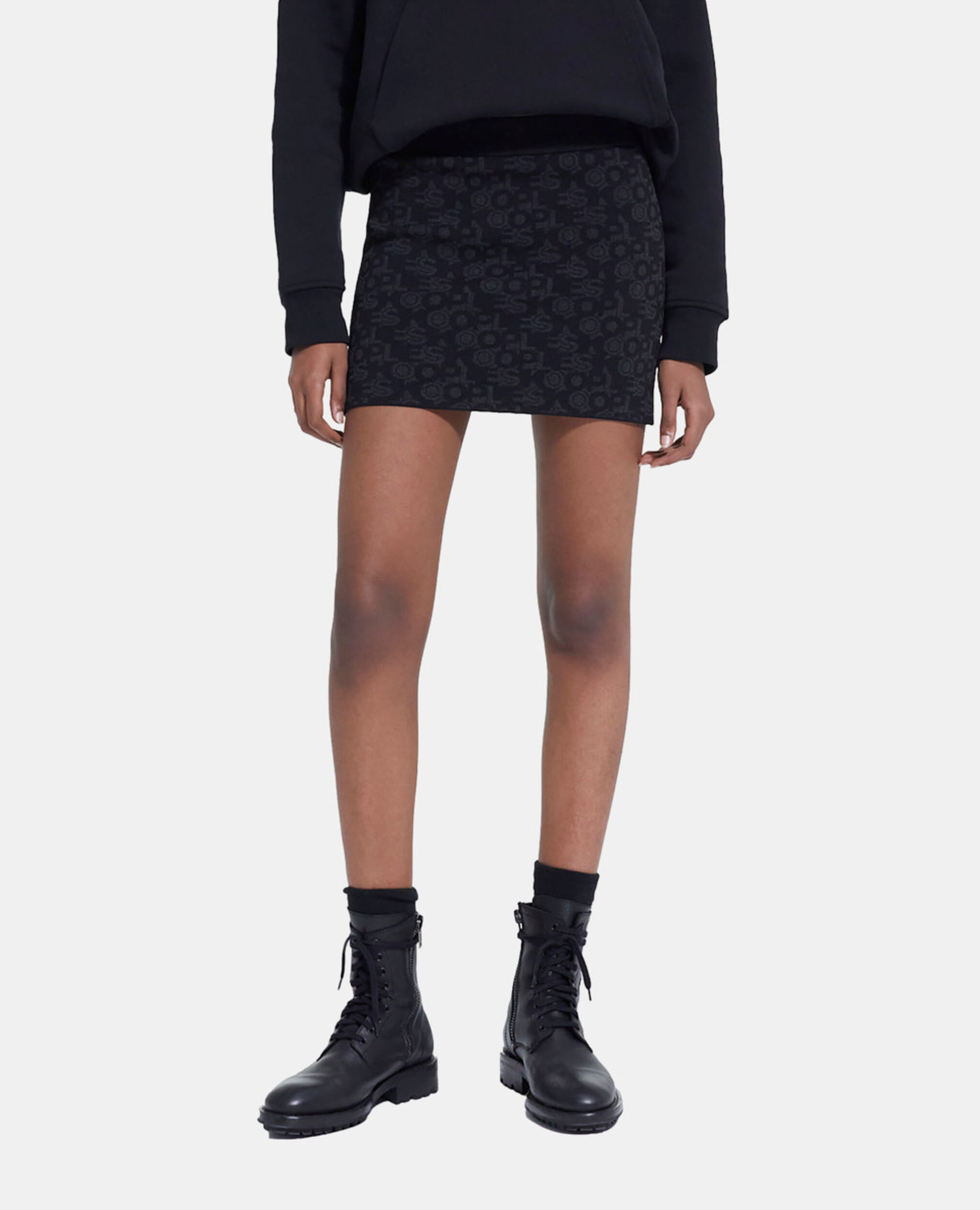 Short black skirt with The Kooples logo, BLACK DARK GREY, hi-res image number null