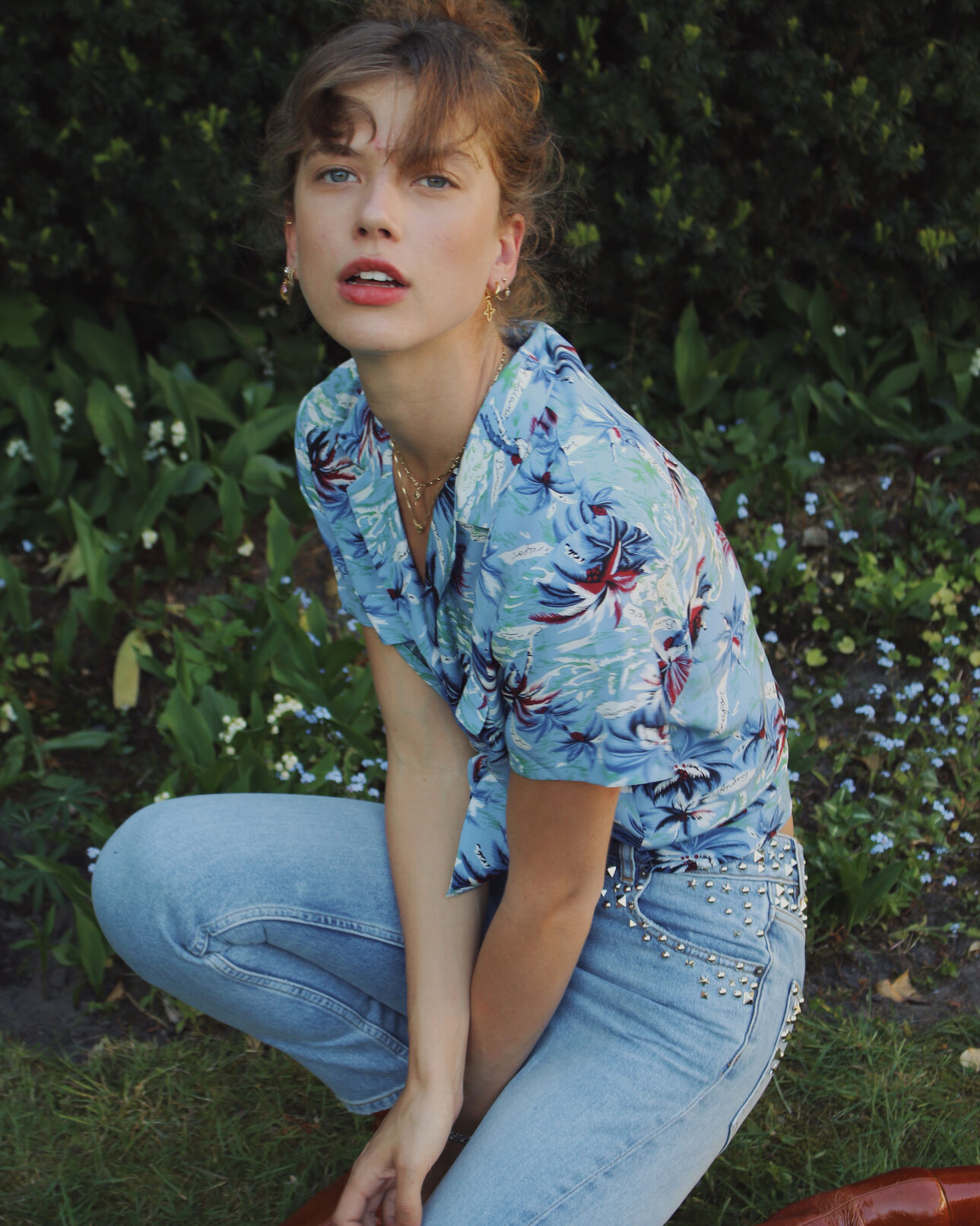 The Kooples FEMME BLUE chemisette soie bleue imprimé hawaï