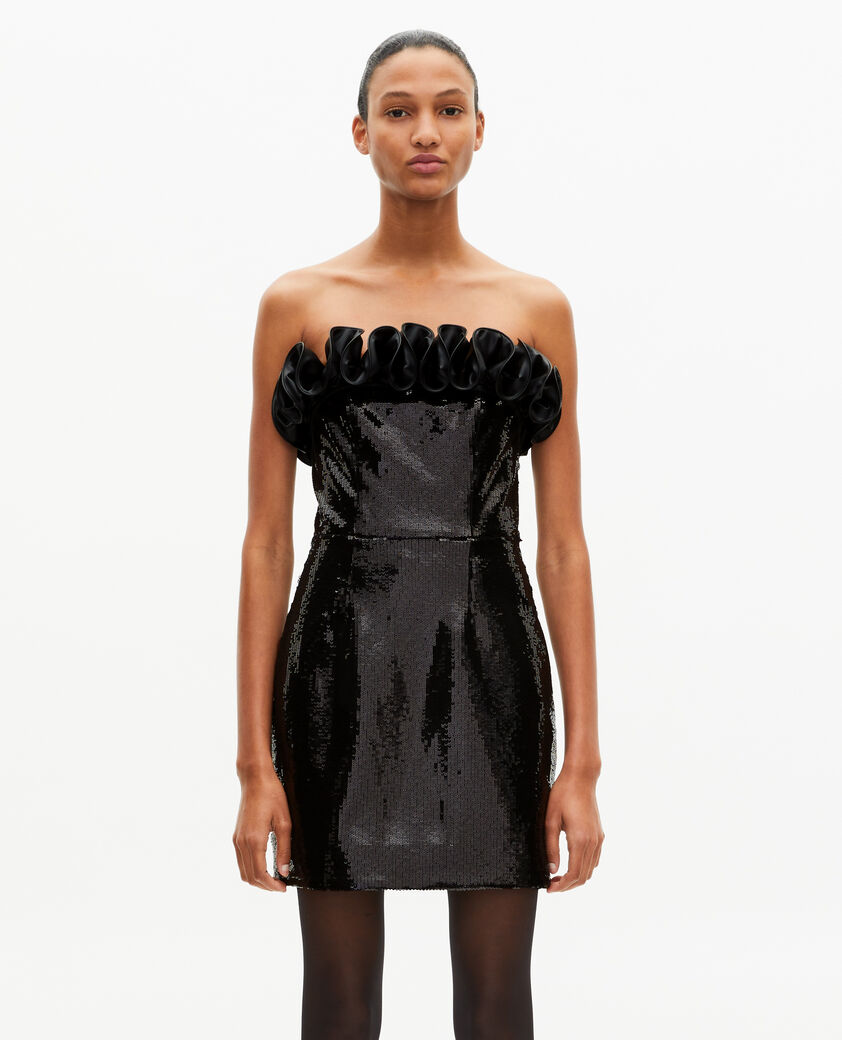 The Kooples DAMEN BLACK kurzes trägerloses kleid pailletten mit detail in lederoptik schwarz