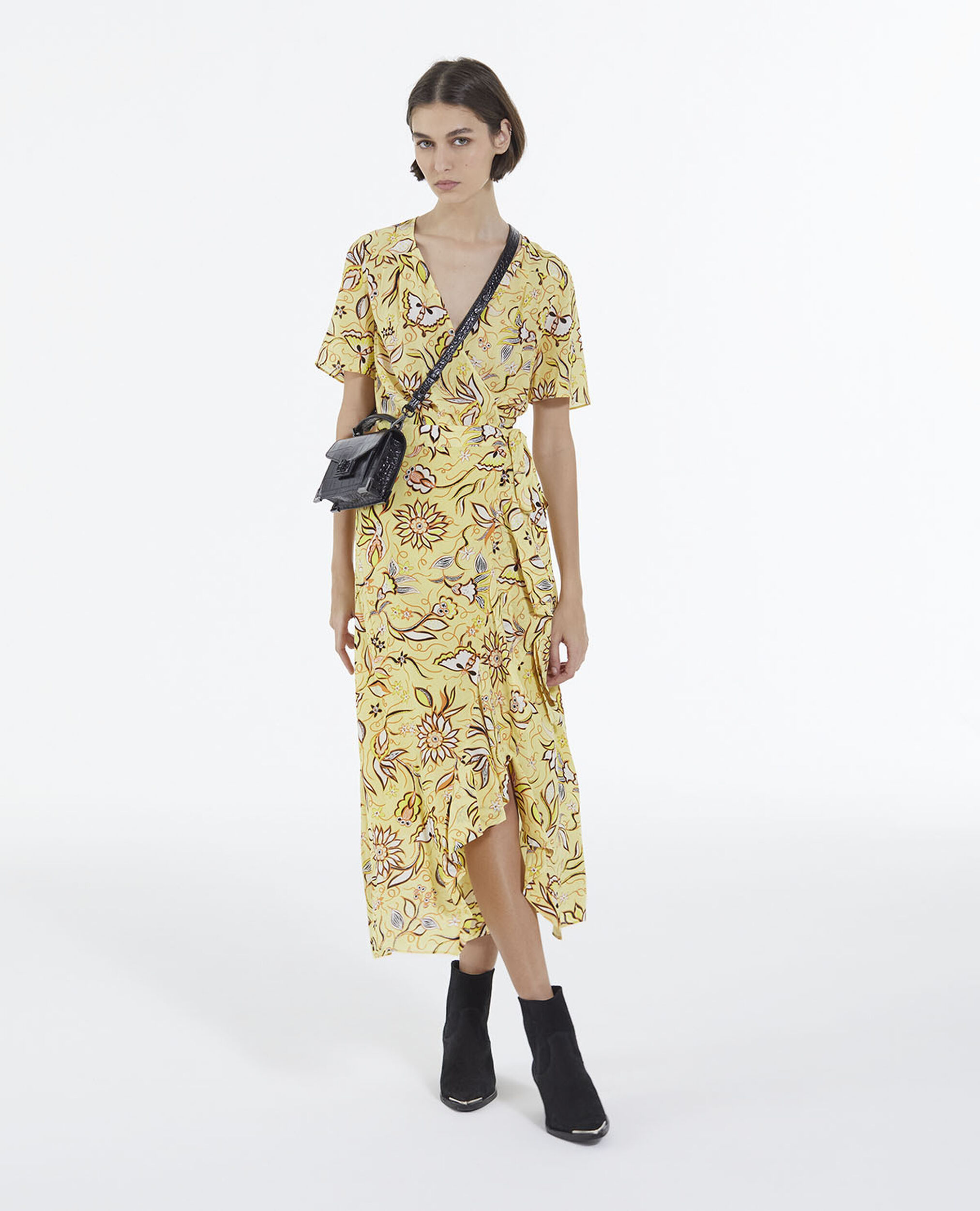 Long yellow wrap dress with floral motif, YELLOW, hi-res image number null
