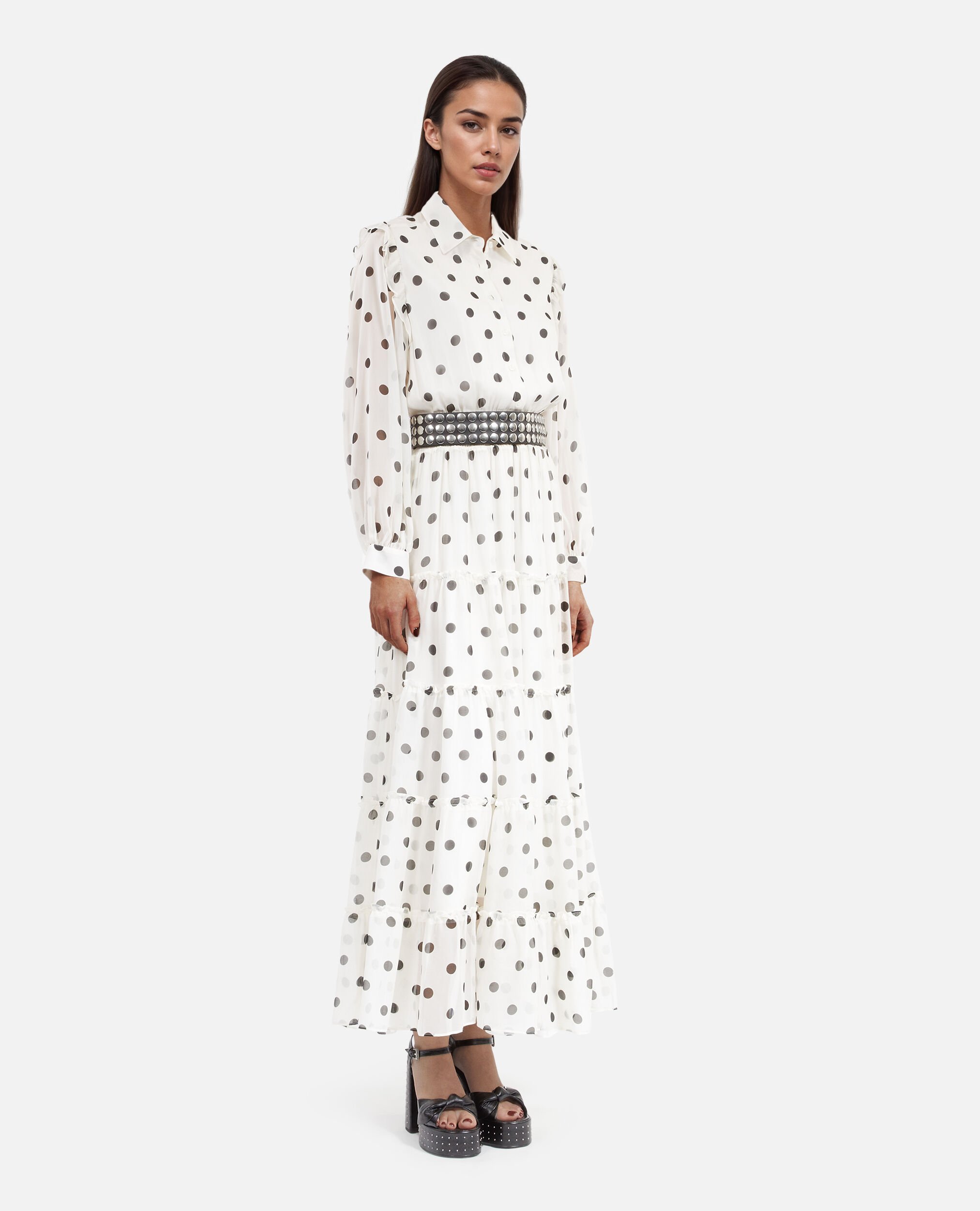 Robe longue blanche à pois écrue, WHITE / BLACK, hi-res image number null
