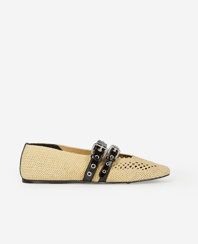 The Kooples FEMME ECRU ballerine en raphia et cuir &eacute;crue