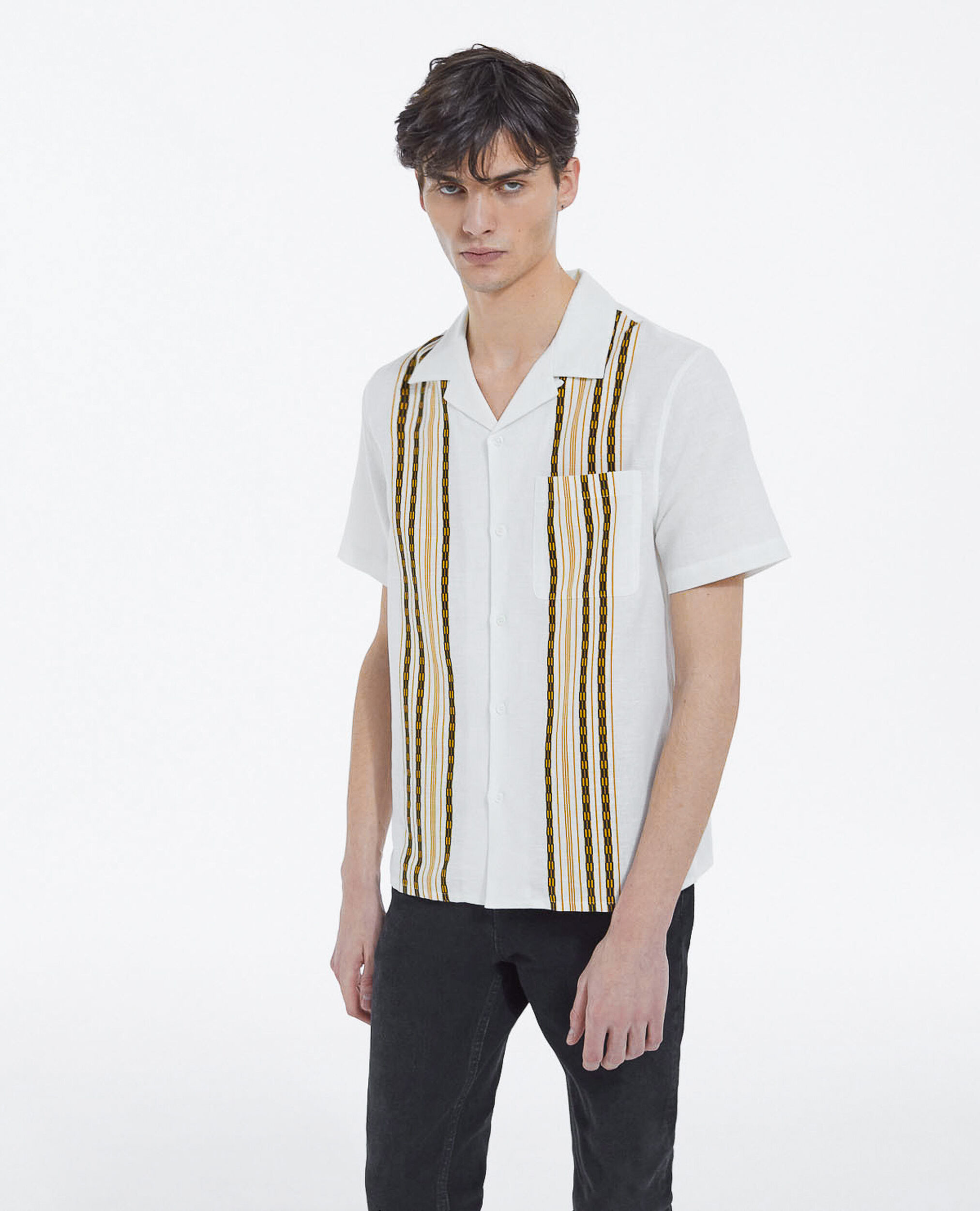 Patterned cotton shirt with vertical stripes, WHITE - YELLOW, hi-res image number null