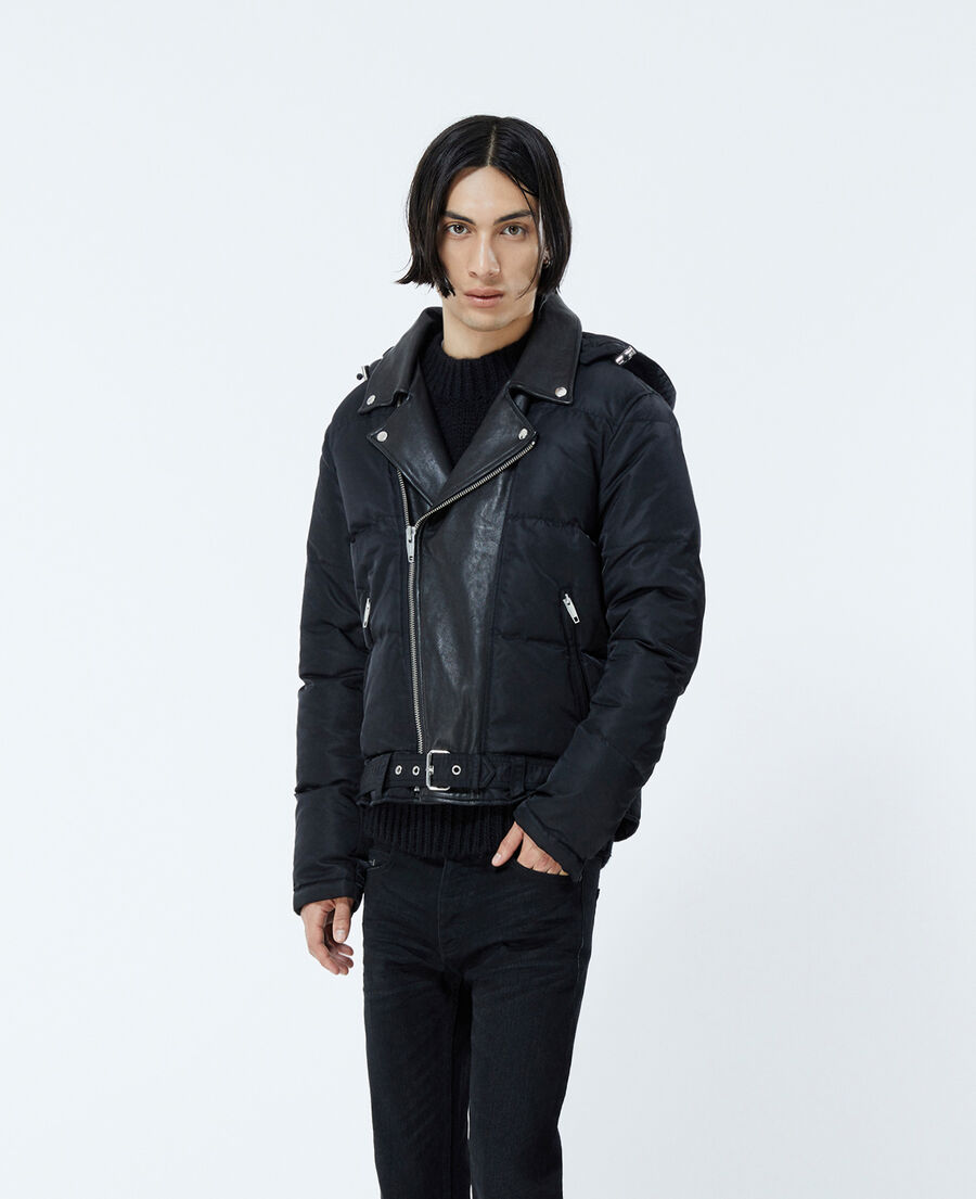 quilted black down jacket with leather detail