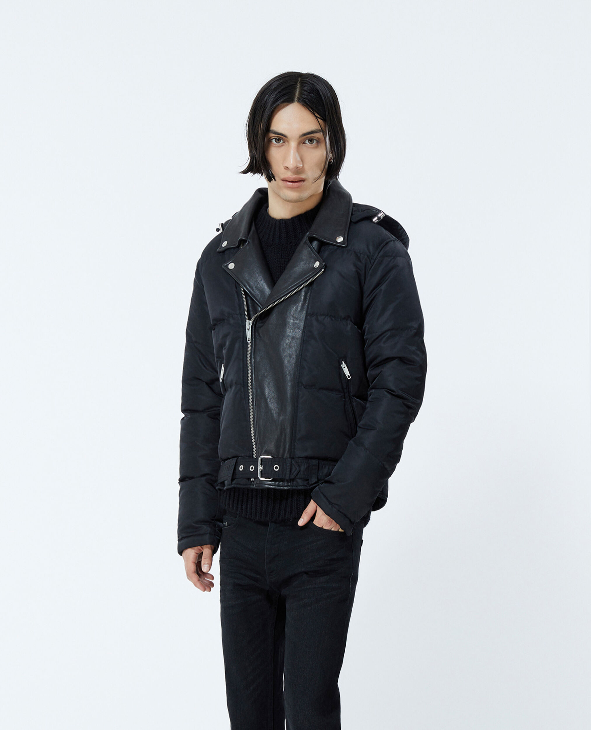 Quilted black down jacket with leather detail, BLACK, hi-res image number null