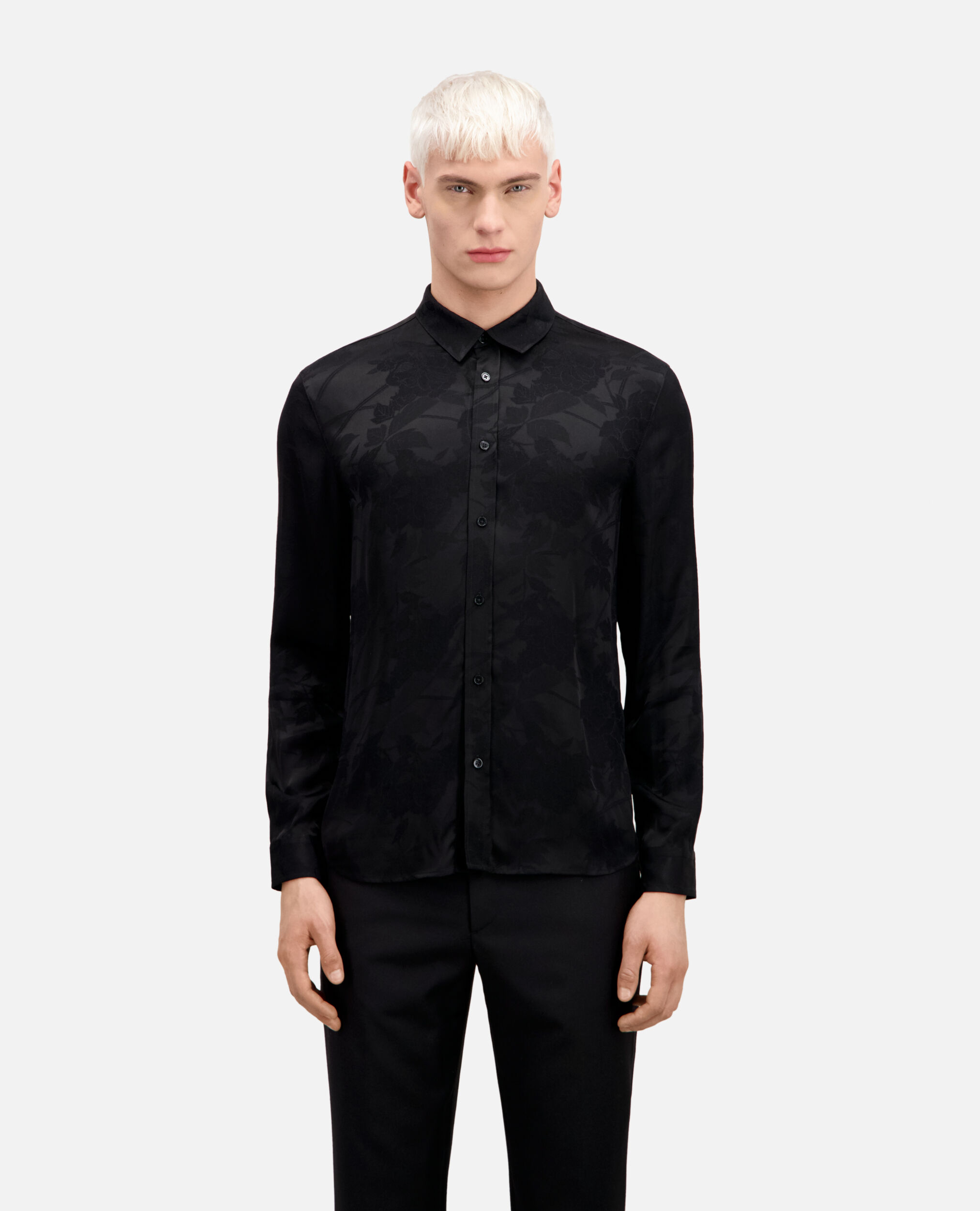 Camisa jacquard negra flores, BLACK, hi-res image number null