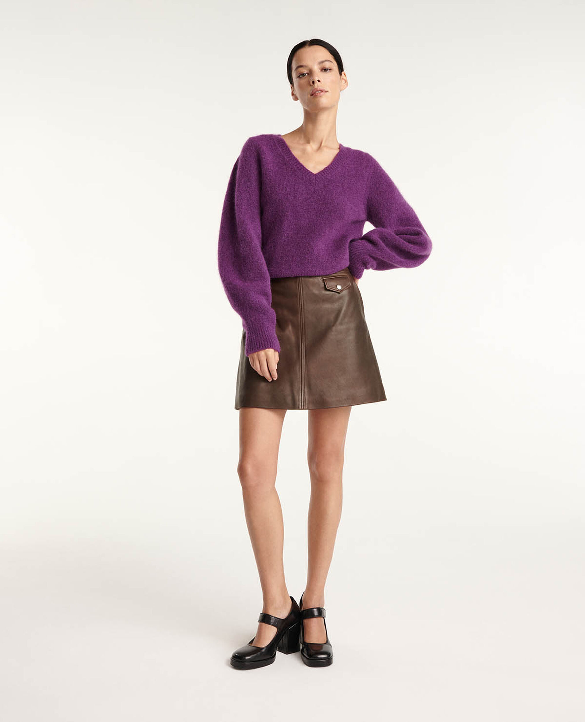 Pull col V violet manches amples, PURPLE, hi-res image number null