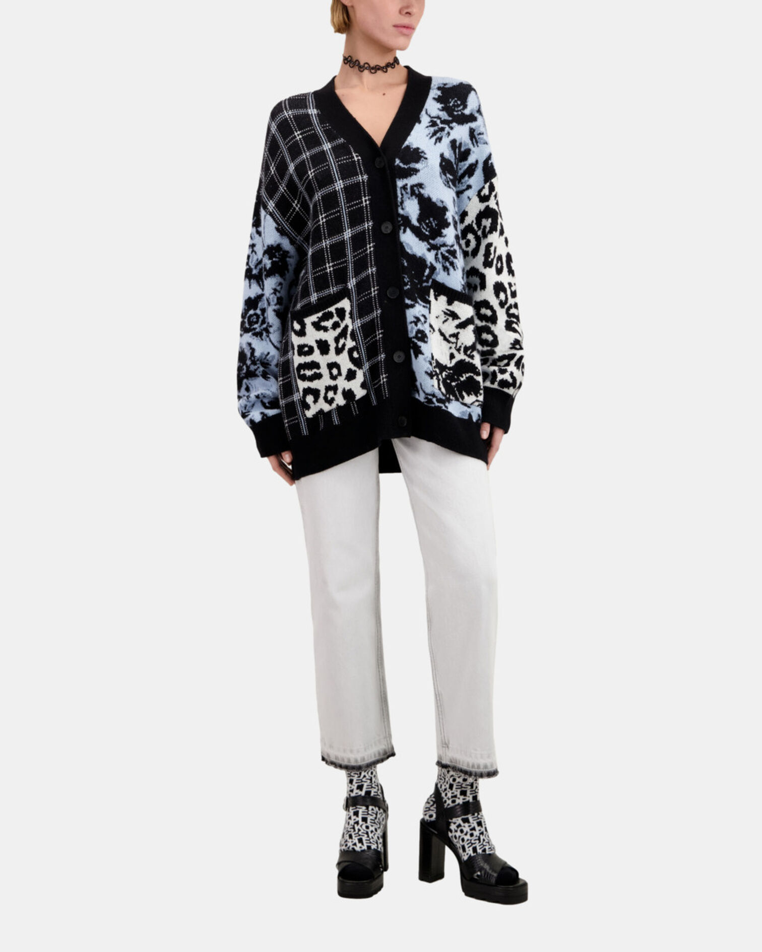 Cardigan avec patchwork en laine mélangée, BLUE MELANGE / BLACK, hi-res image number null