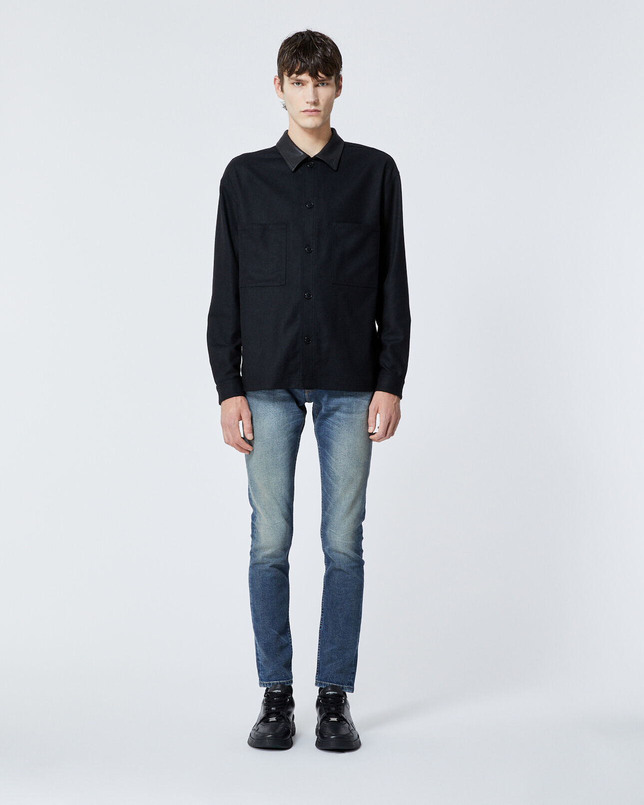 The Kooples MEN BLACK buttoned black wool shirt with leather collar