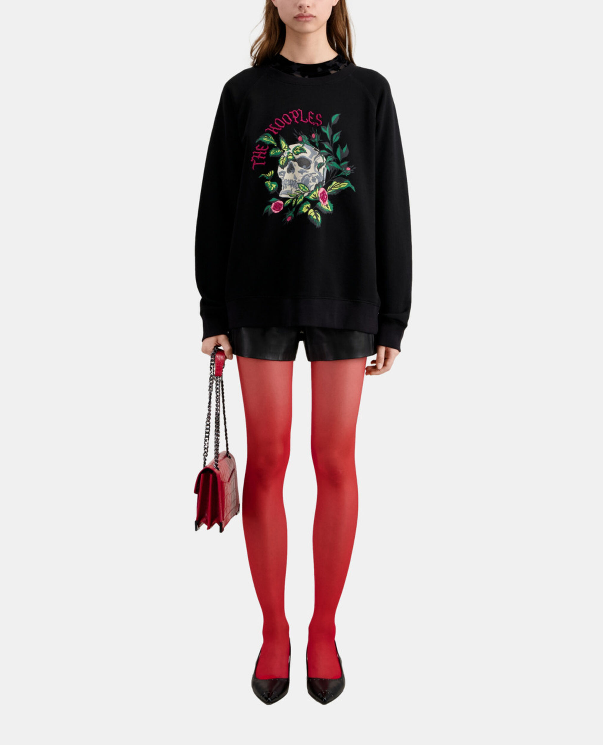 Black sweatshirt with Skull - roses serigraphy, BLACK, hi-res image number null