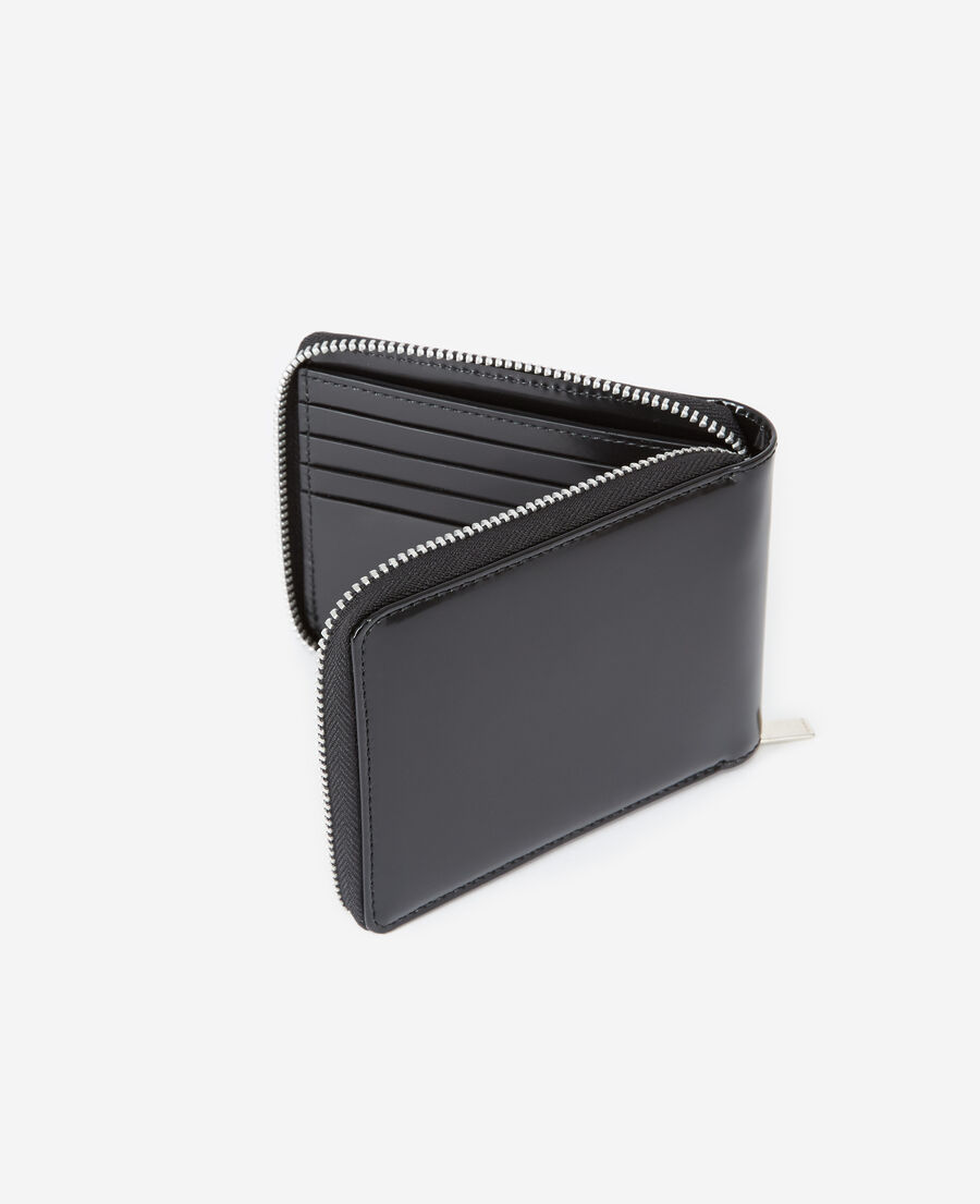 black leather wallet with silver zip