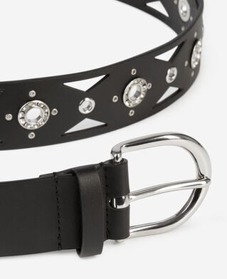 The Kooples FEMME BLACK ceinture en cuir noir avec découpes et œillets à strass
