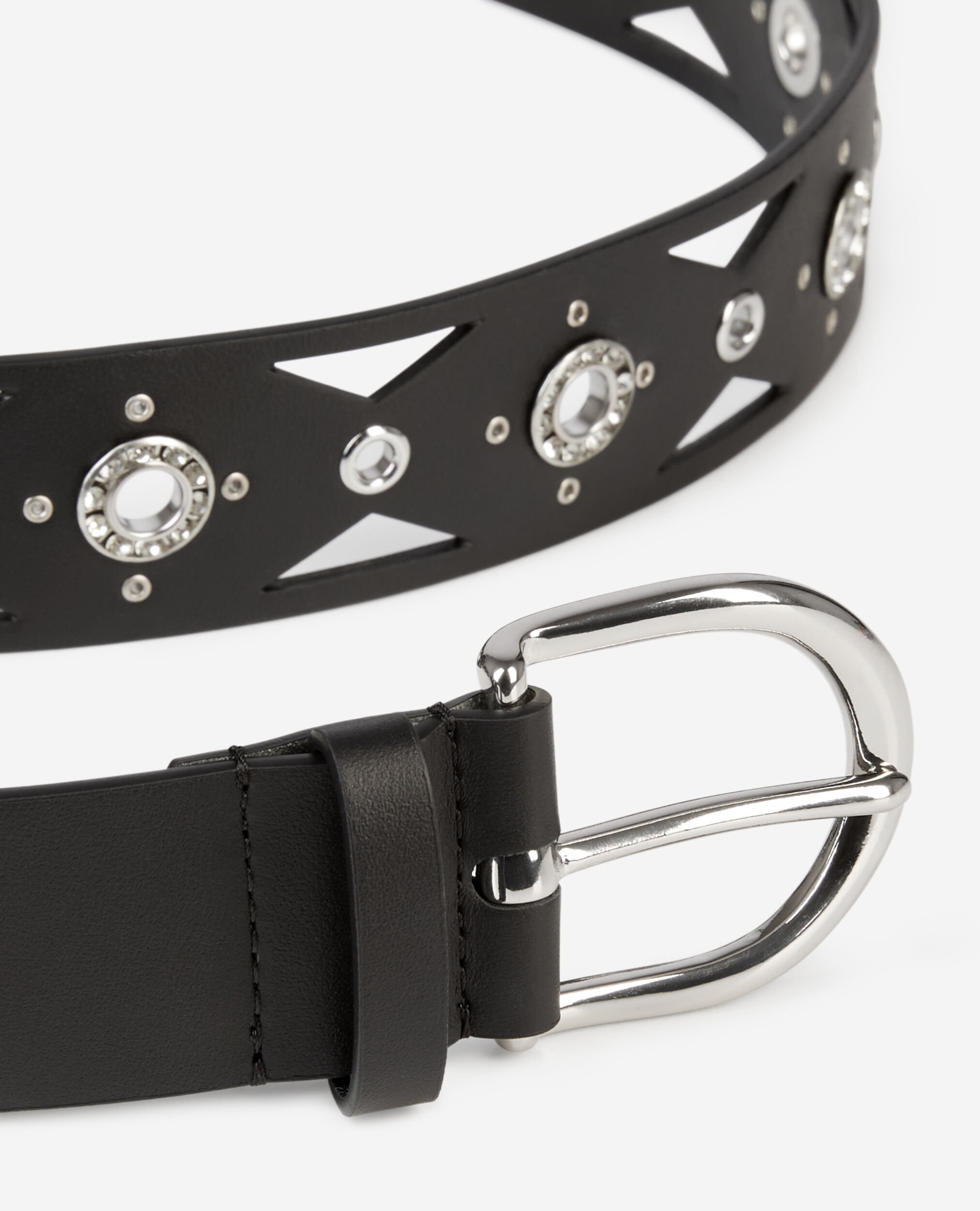 Ceinture en cuir noir avec découpes et œillets à strass, BLACK, hi-res image number null
