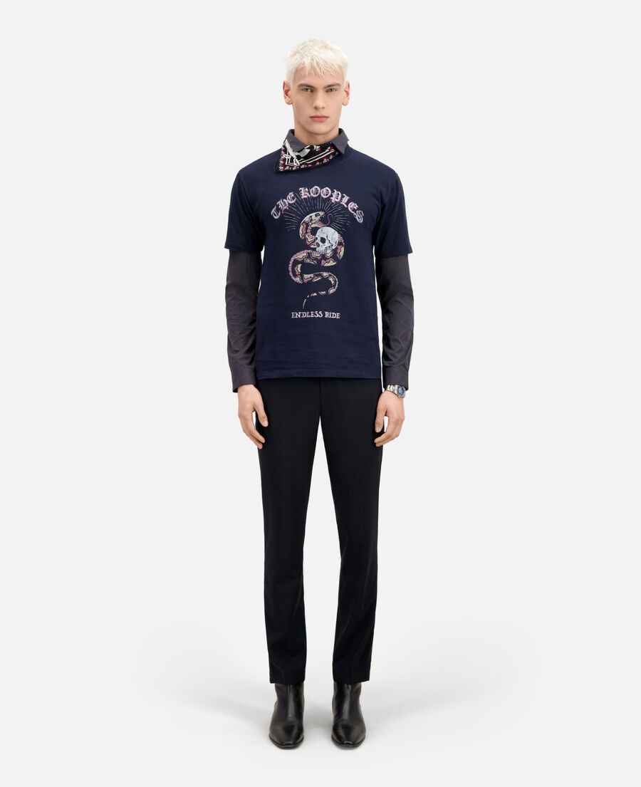 navy blue t-shirt with sneaky snake serigraphy