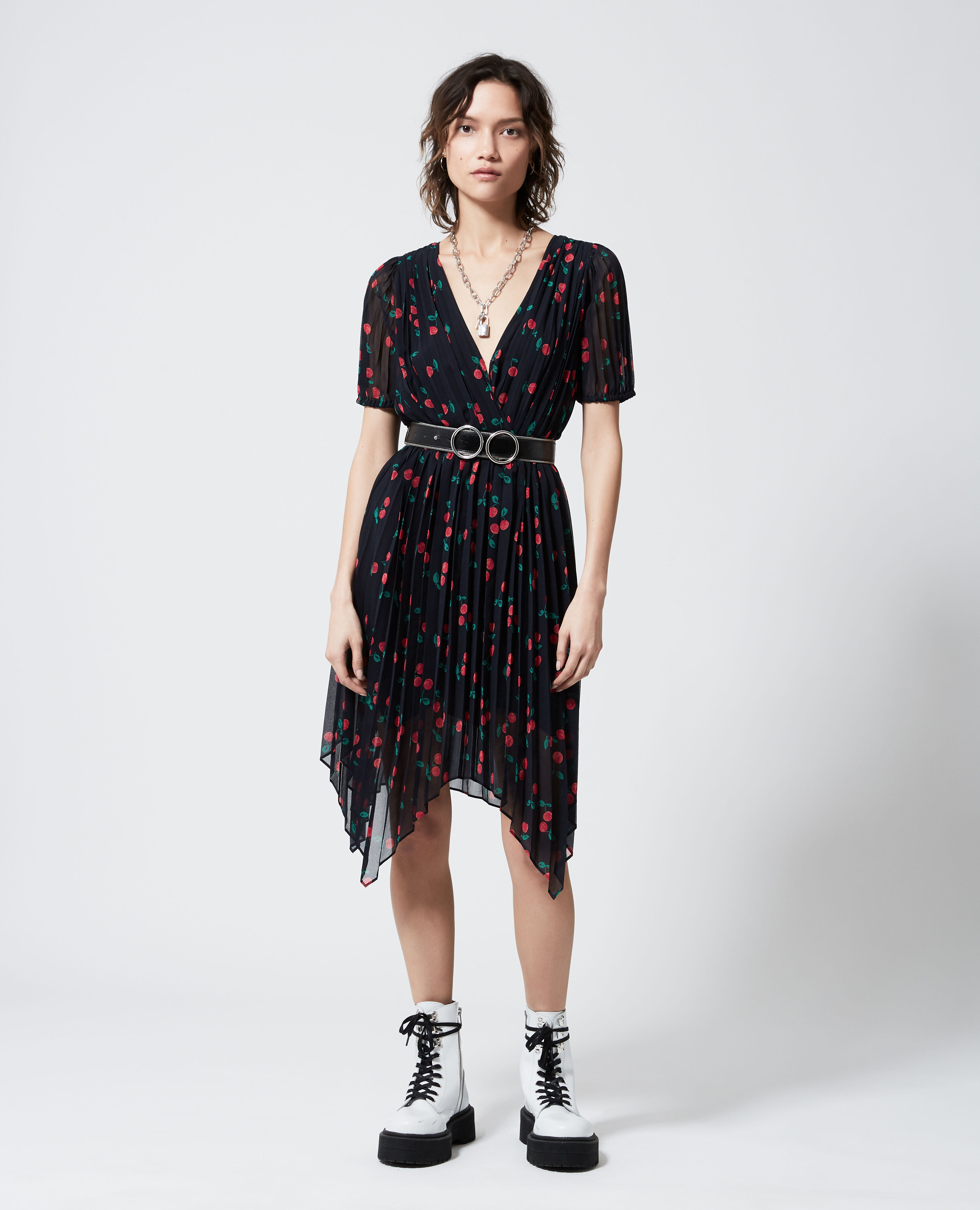 Robe courte pliss e bleu marine motif The Kooples