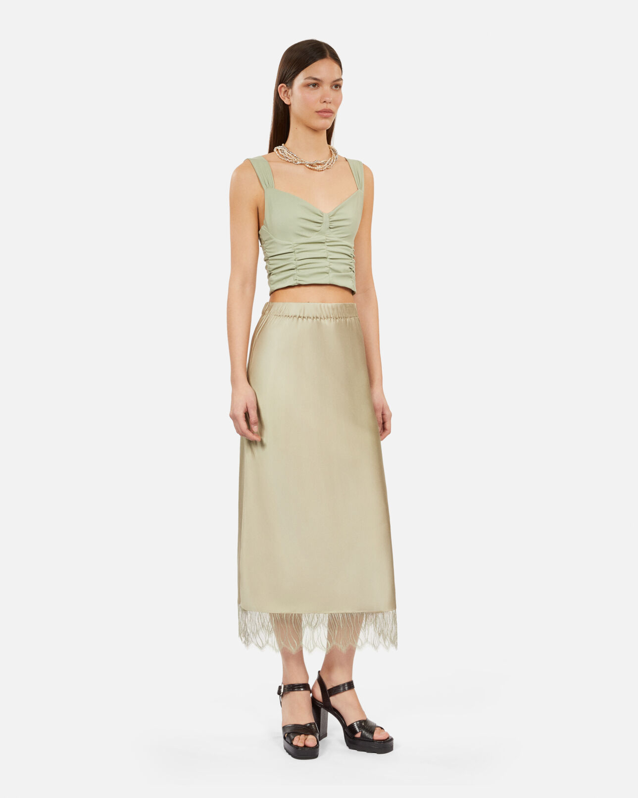 The Kooples WOMEN KAKI GREY long light green skirt with lace