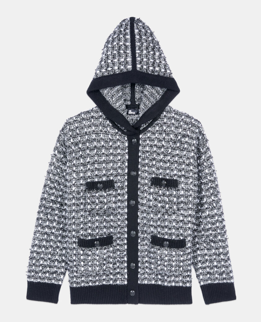 The Kooples FEMME BLACK / WHITE cardigan &agrave; capuche en tweed noir et blanc