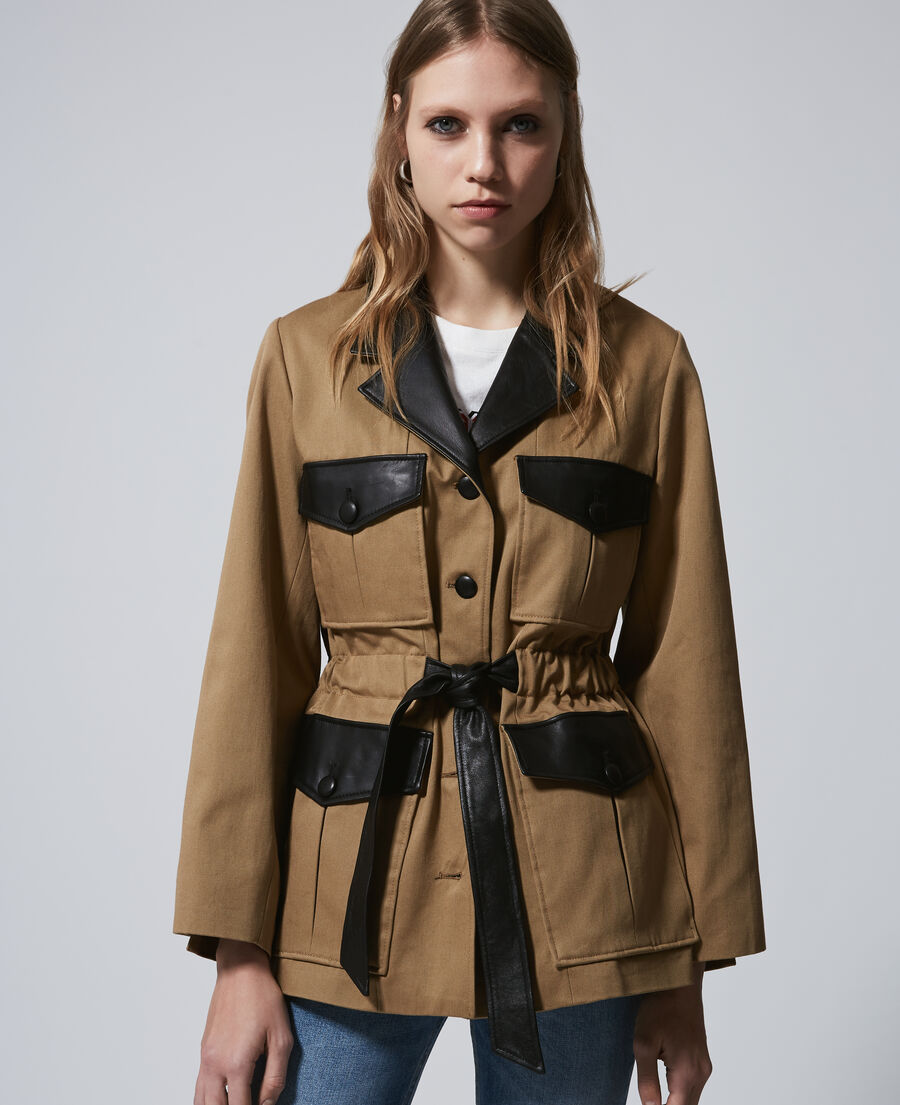  beige cotton jacket with belt and leather