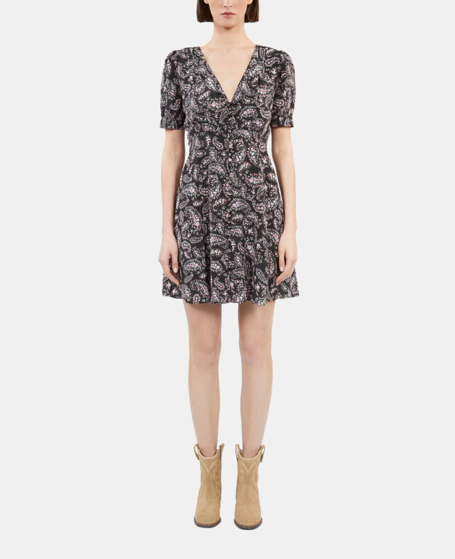 The Kooples FEMME BLACK / PINK robe courte imprimée avec boutonnage en soie