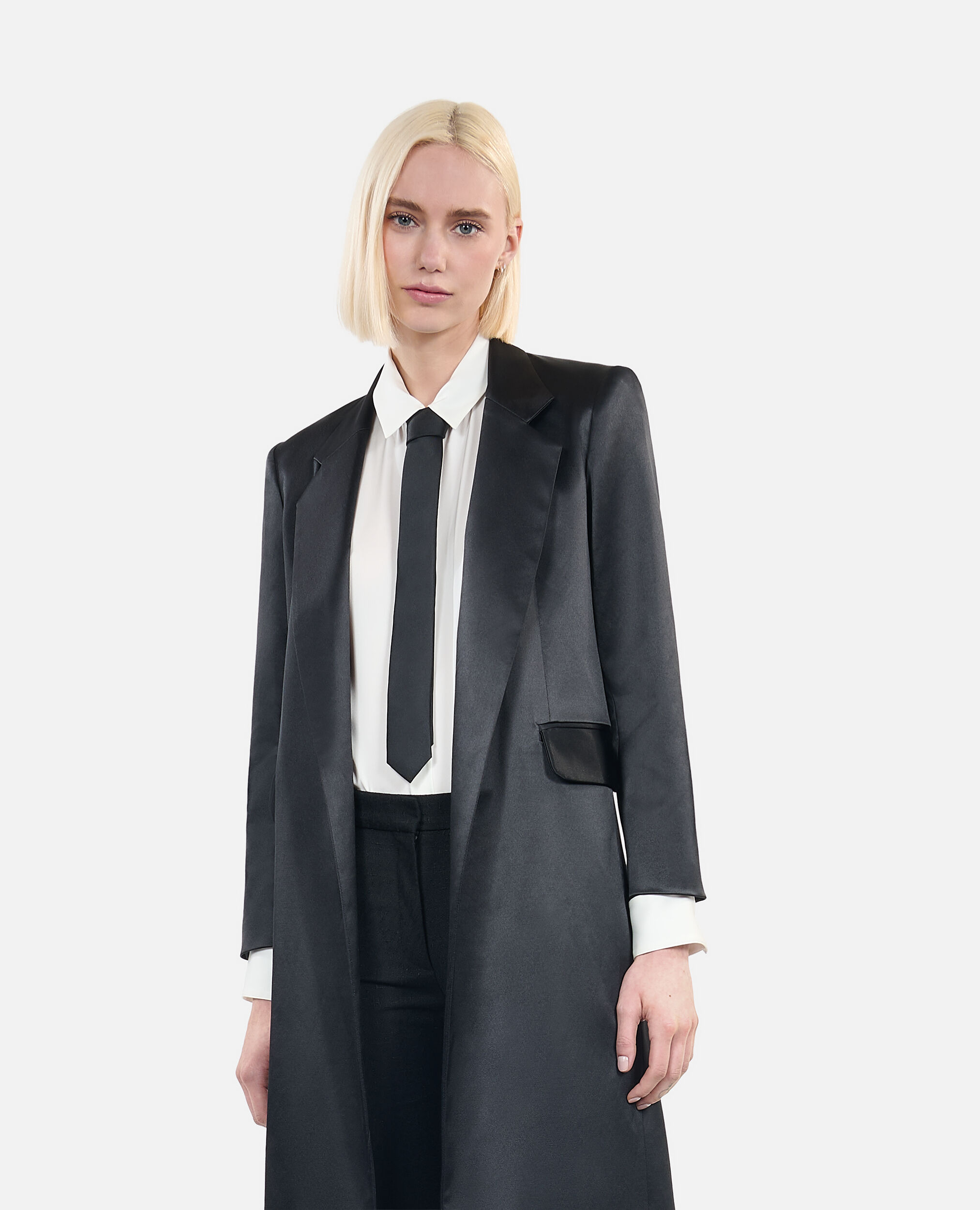 The Kooples x Carolina Ritzler black satin coat, BLACK, hi-res image number null