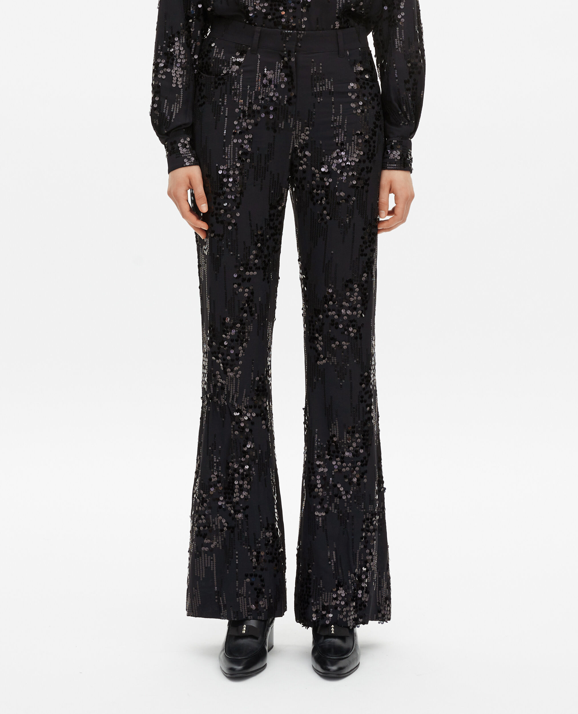 Black sequinned flare pants, BLACK, hi-res image number null