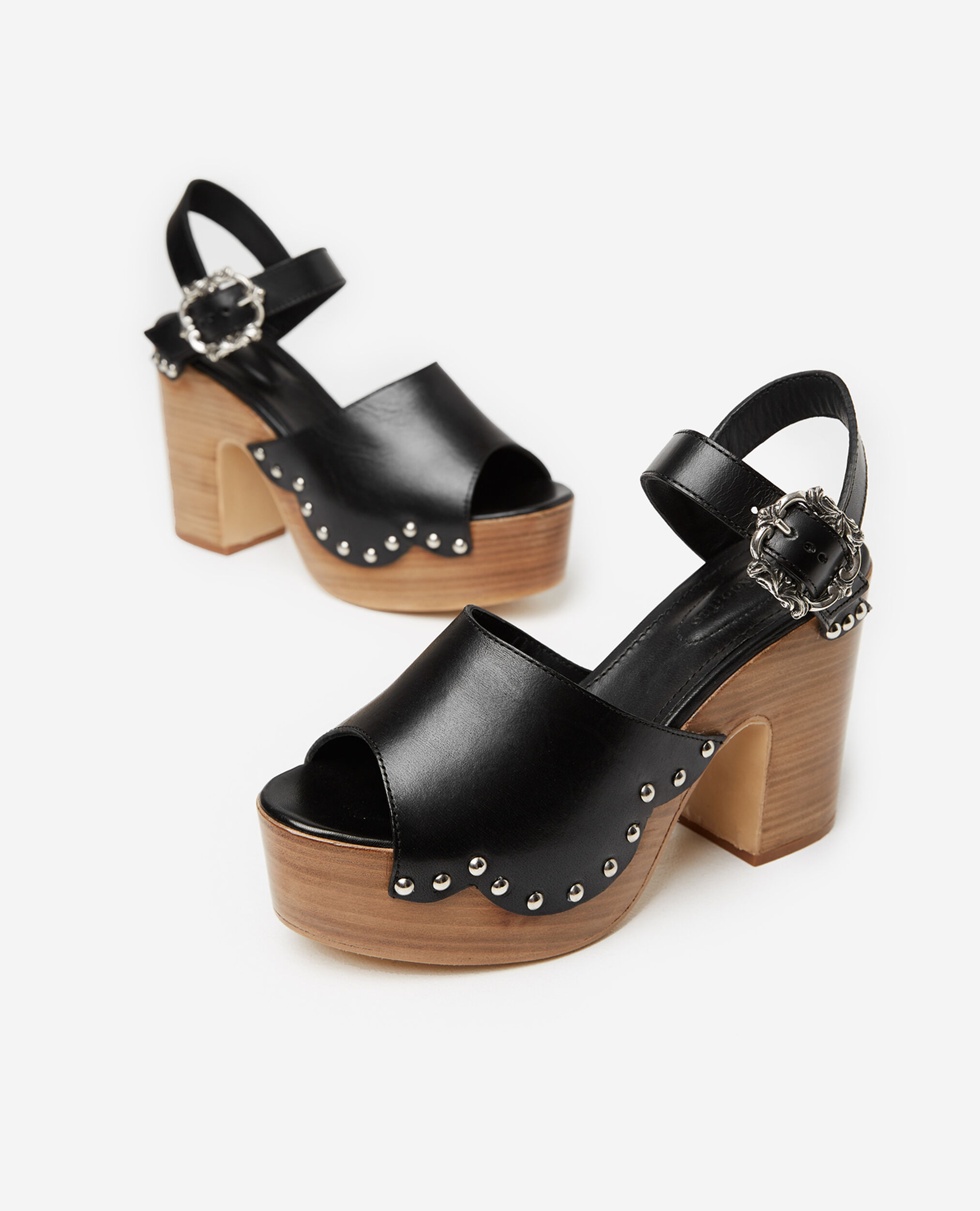 Leather and wood sandals with heels, BLACK, hi-res image number null