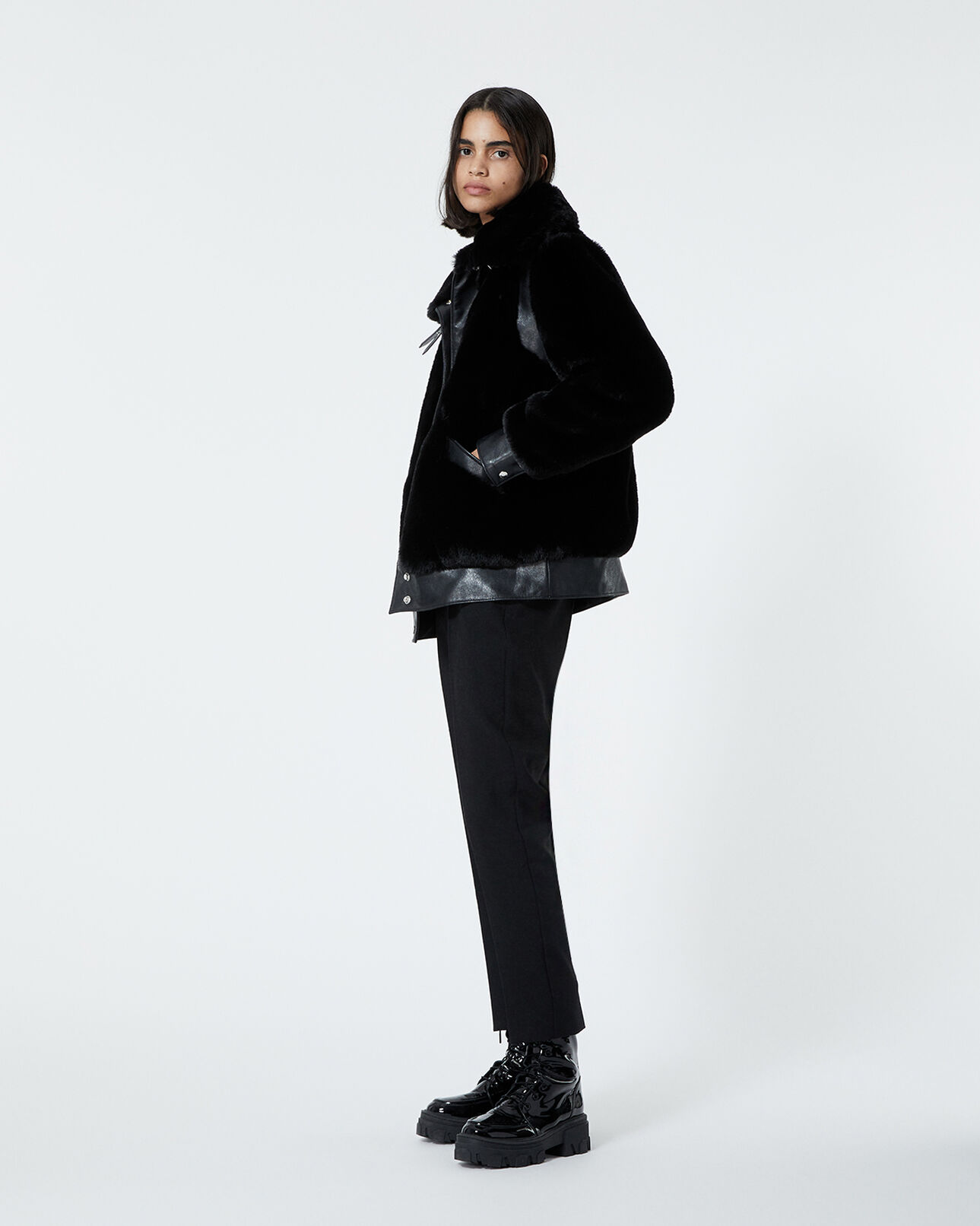 The Kooples WOMEN BLACK black faux fur coat with leather detail