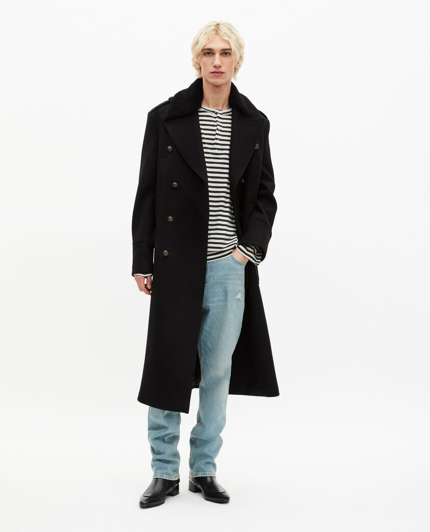 The Kooples MEN BLACK long black wool coat with sherpa collar