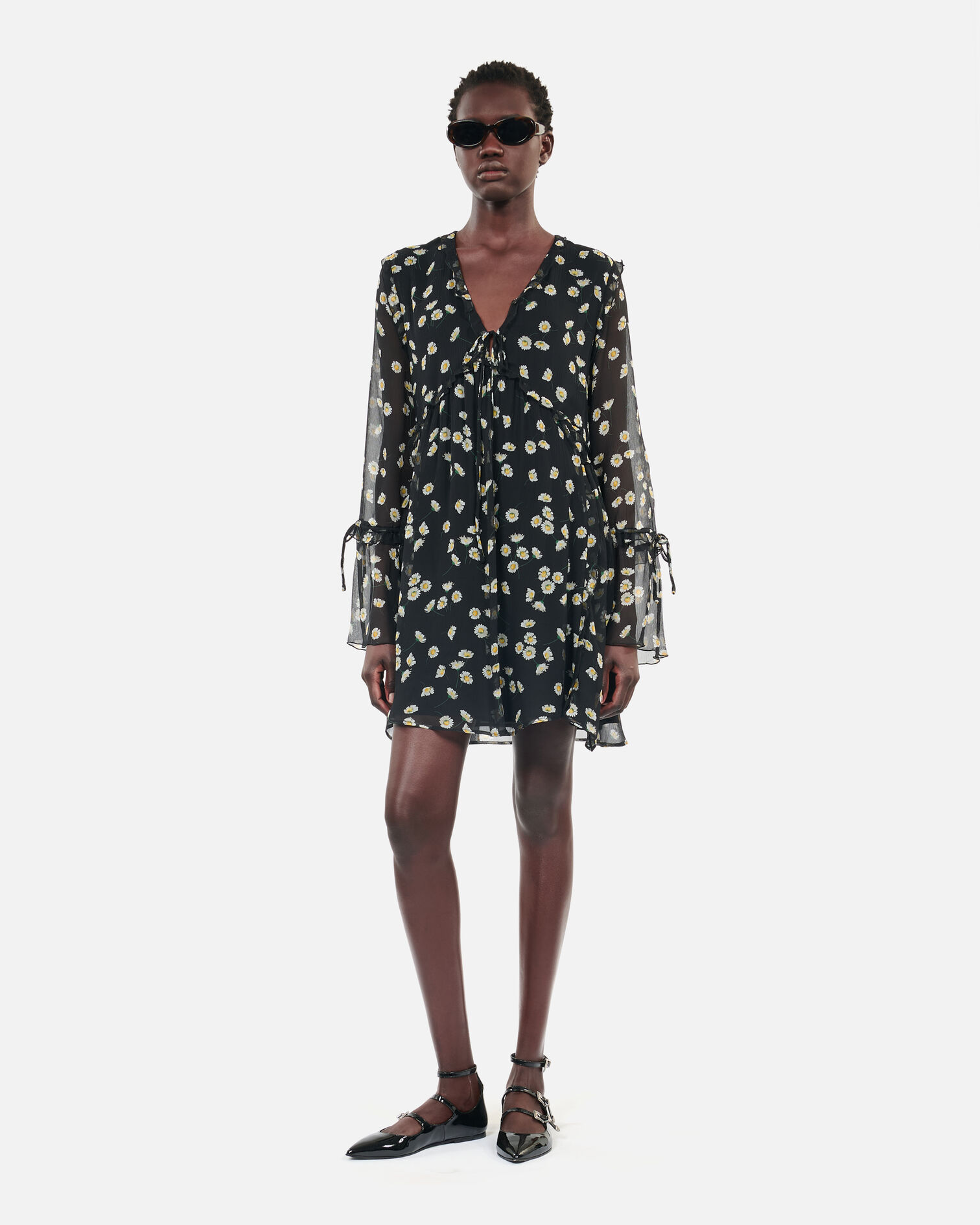 Floral printed silk short dress, BLACK WHITE, hi-res image number null