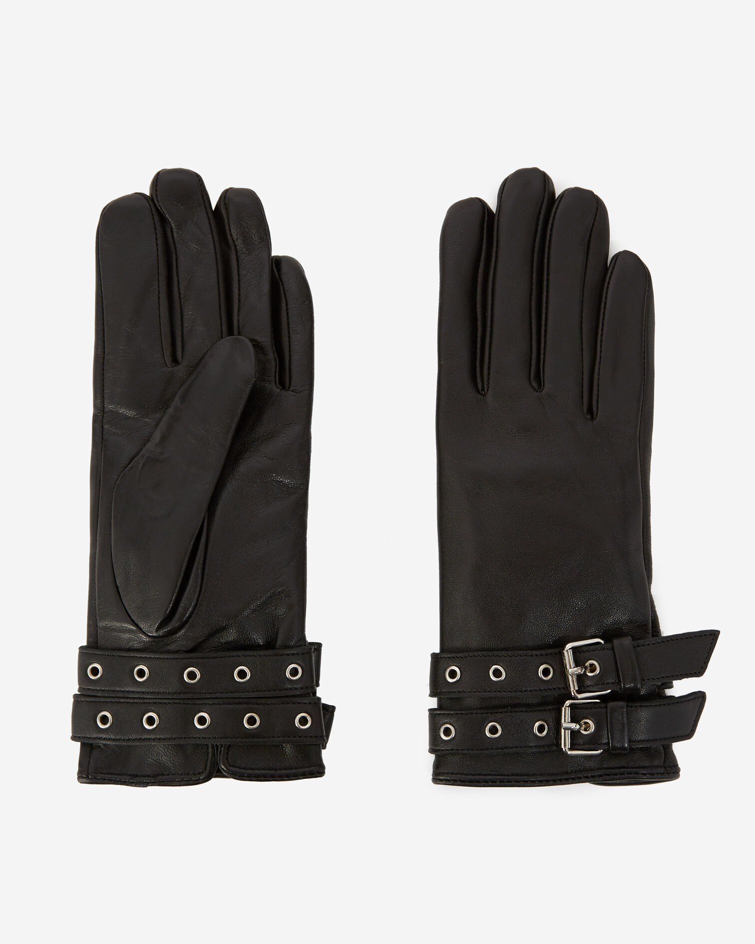 Gants noirs cuir fourré double boucle, BLACK, hi-res image number null