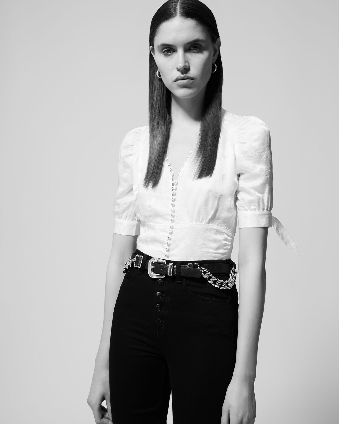 The Kooples WOMEN ECRU buttoned short ecru top with shoulder bows