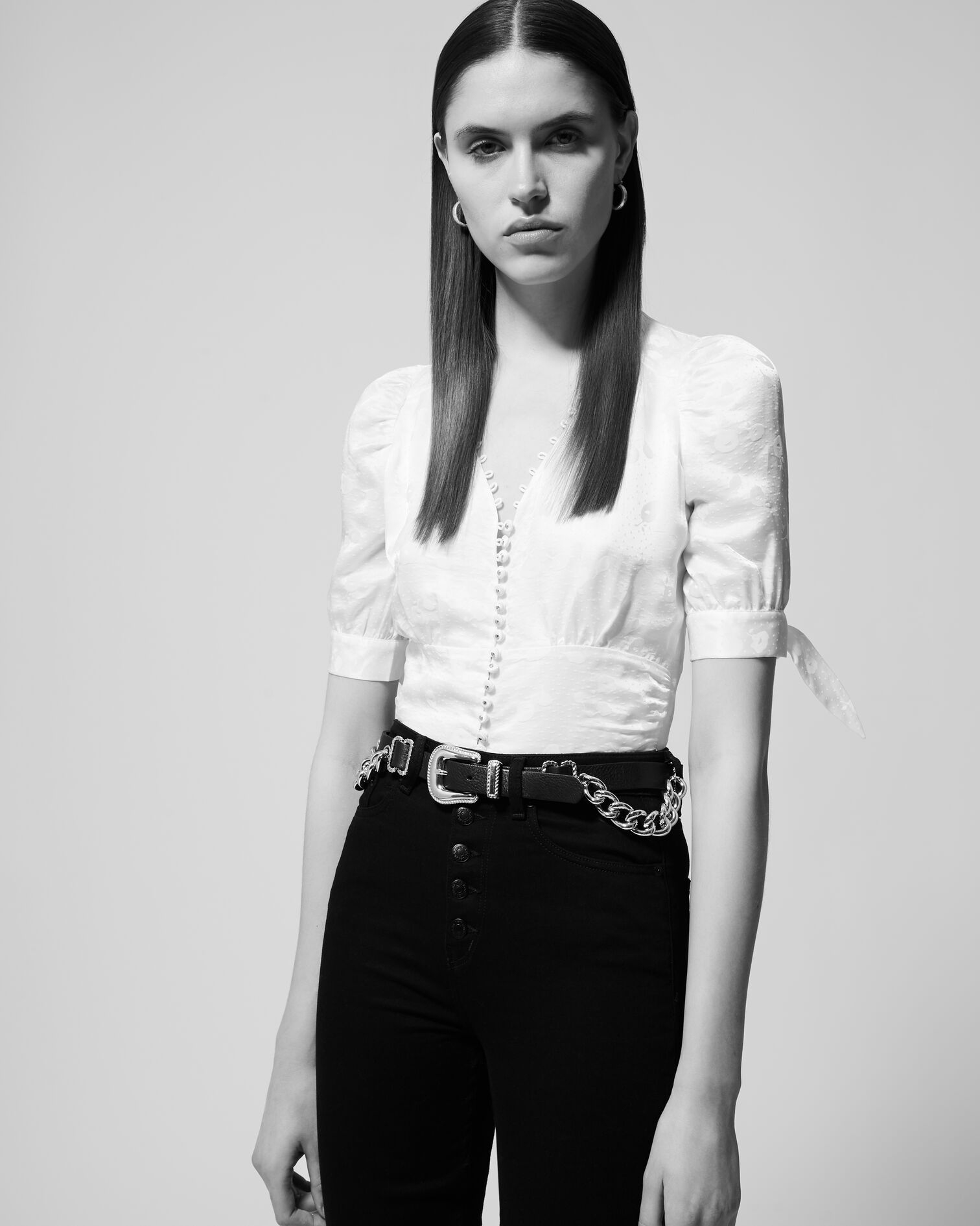 Buttoned short ecru top with shoulder bows, ECRU, hi-res image number null