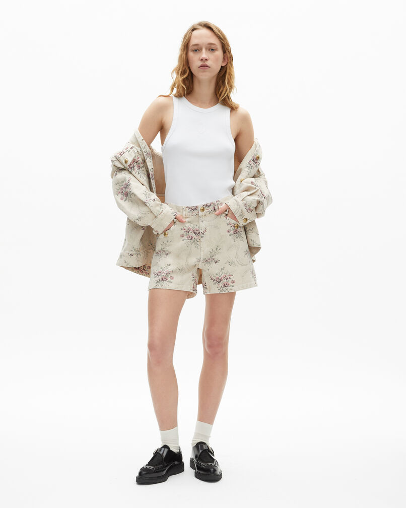 The Kooples WOMEN BEIGE TAUPE floral print shorts in beige denim