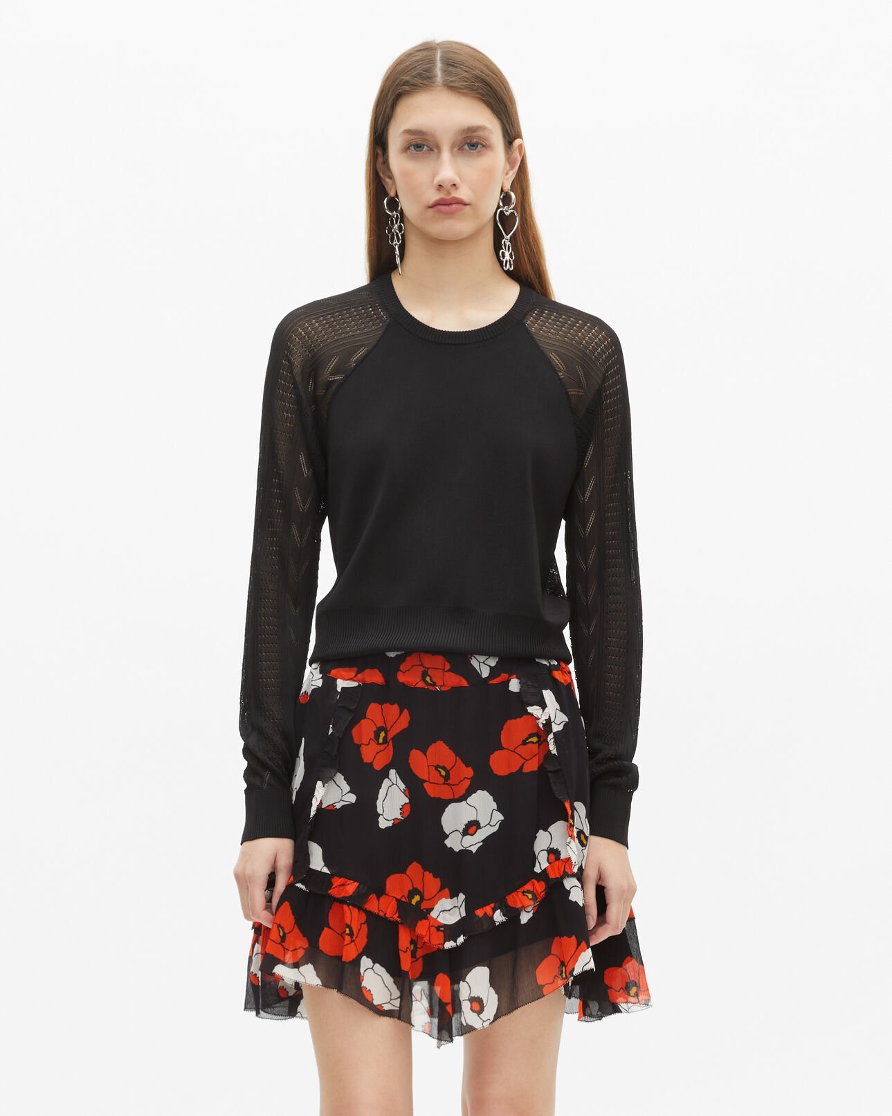 The Kooples FEMME BLACK RED OFF WHITE jupe courte imprimé fleuri noire