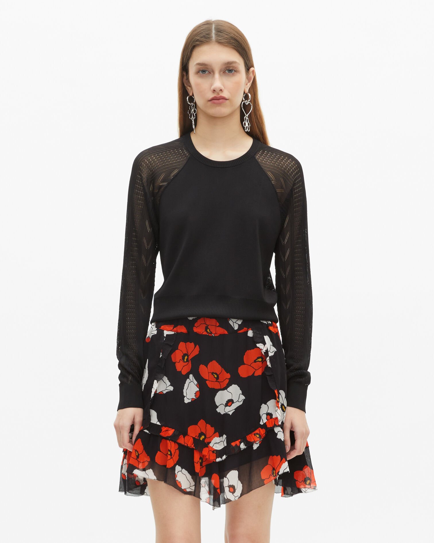 Jupe courte imprimé fleuri noire, BLACK RED OFF WHITE, hi-res image number null