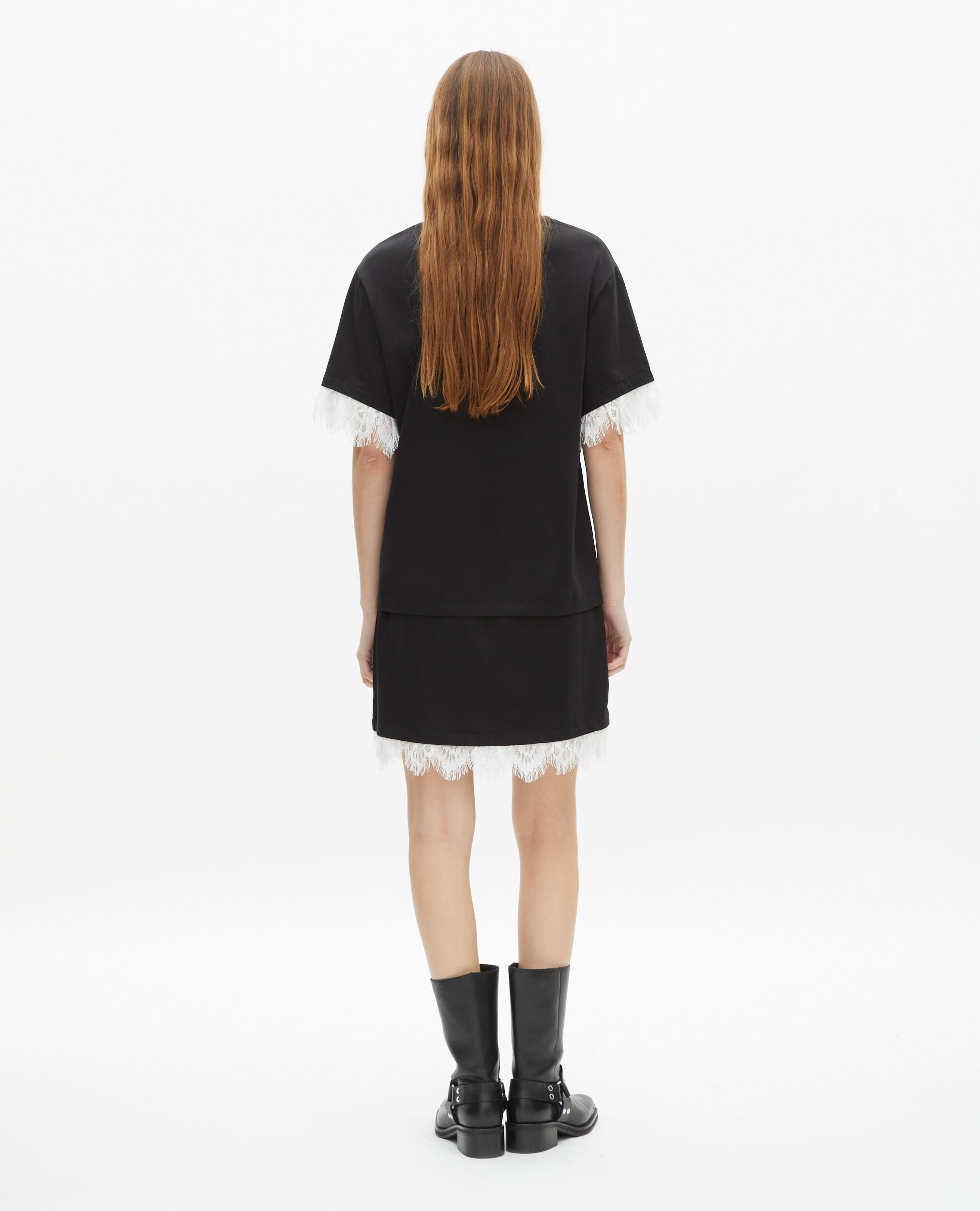 T-shirt with screen print and black lace, BLACK, hi-res image number null