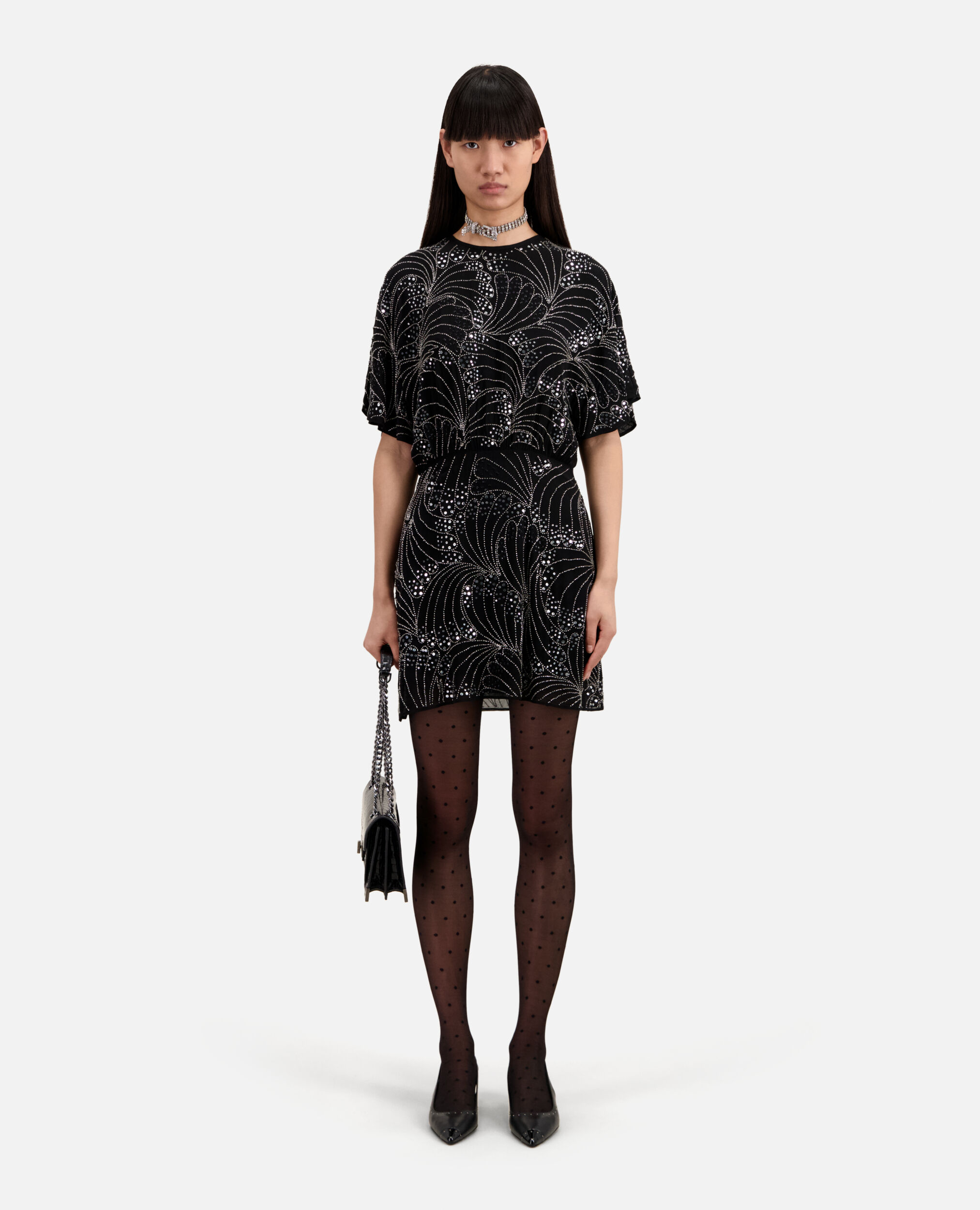 Kurzes schwarzes Kleid mit Pailletten, BLACK, hi-res image number null