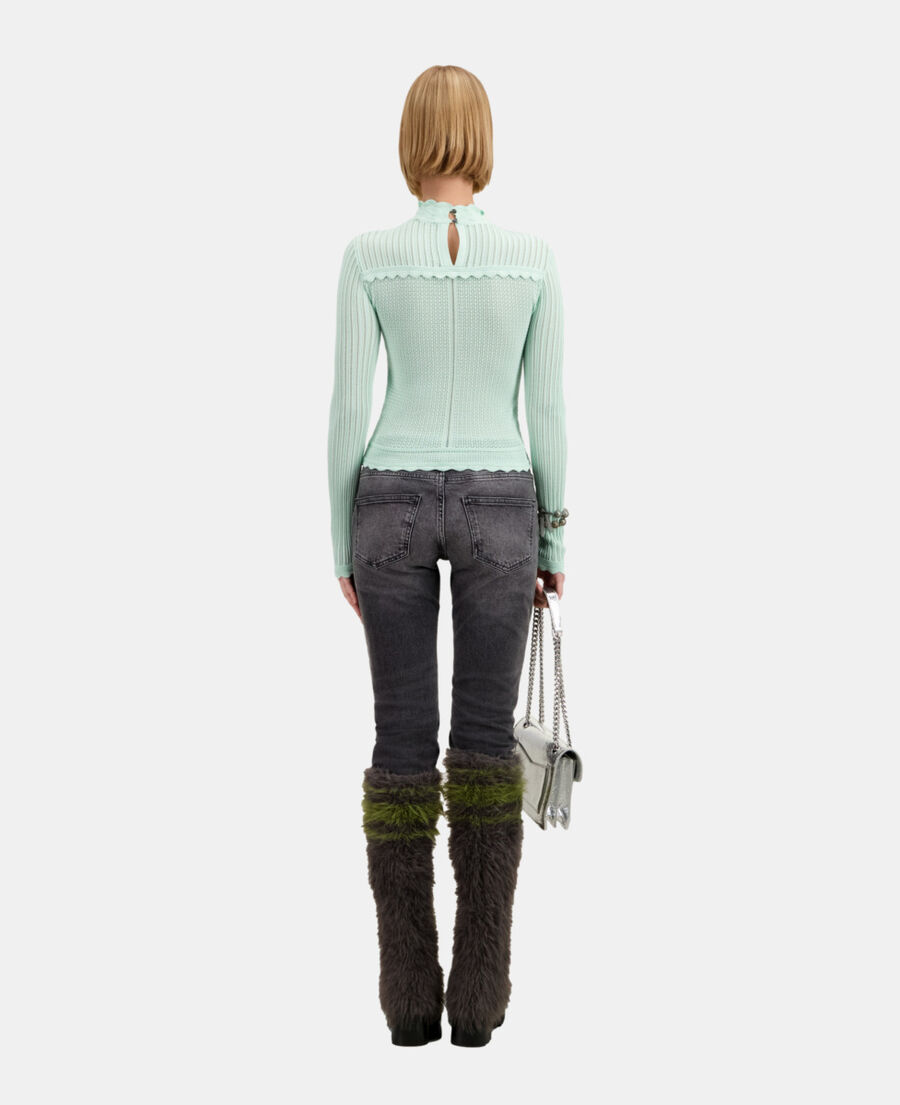 cropped almond green sweater in openwork knit