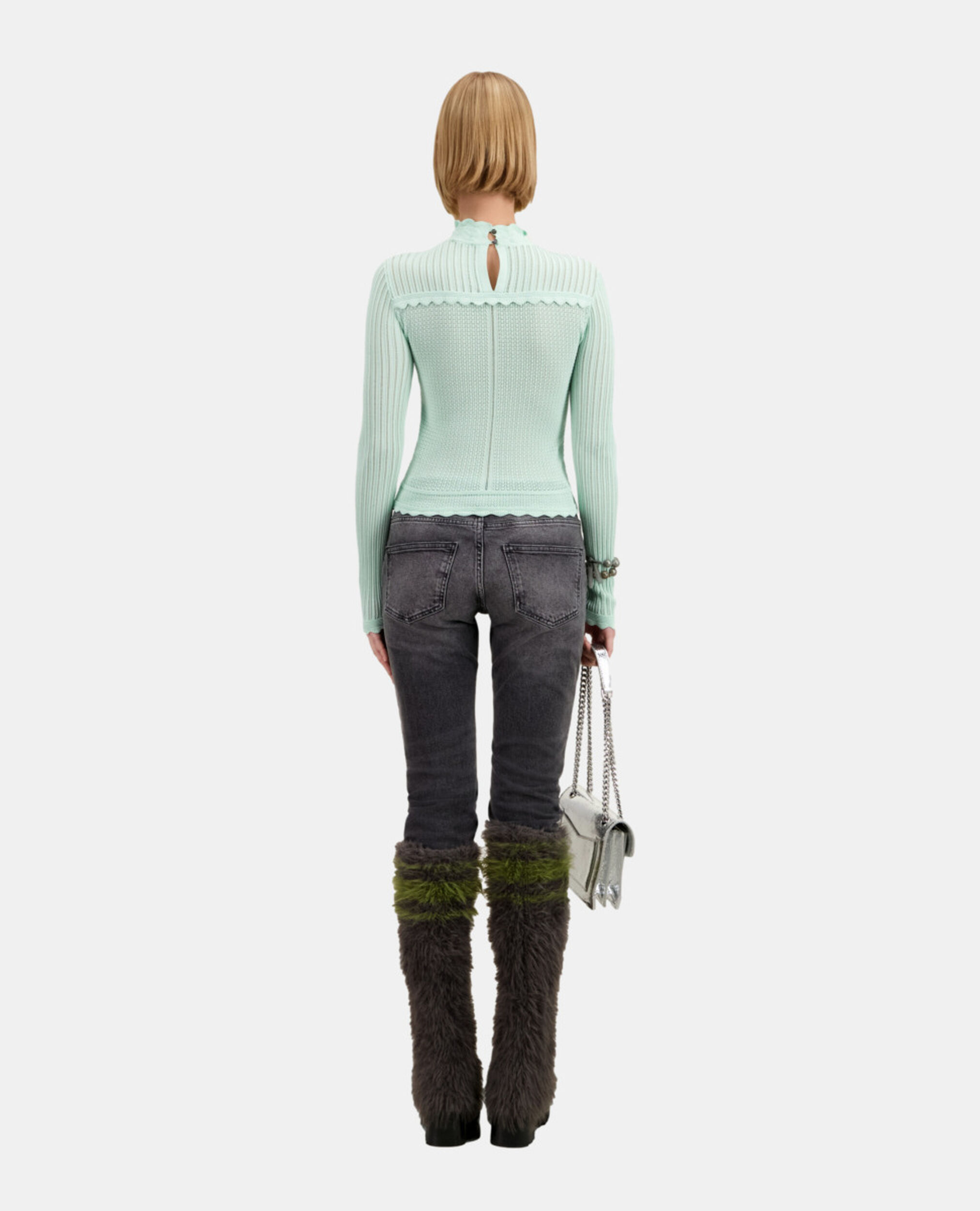 Cropped almond green sweater in openwork knit, OCEAN, hi-res image number null